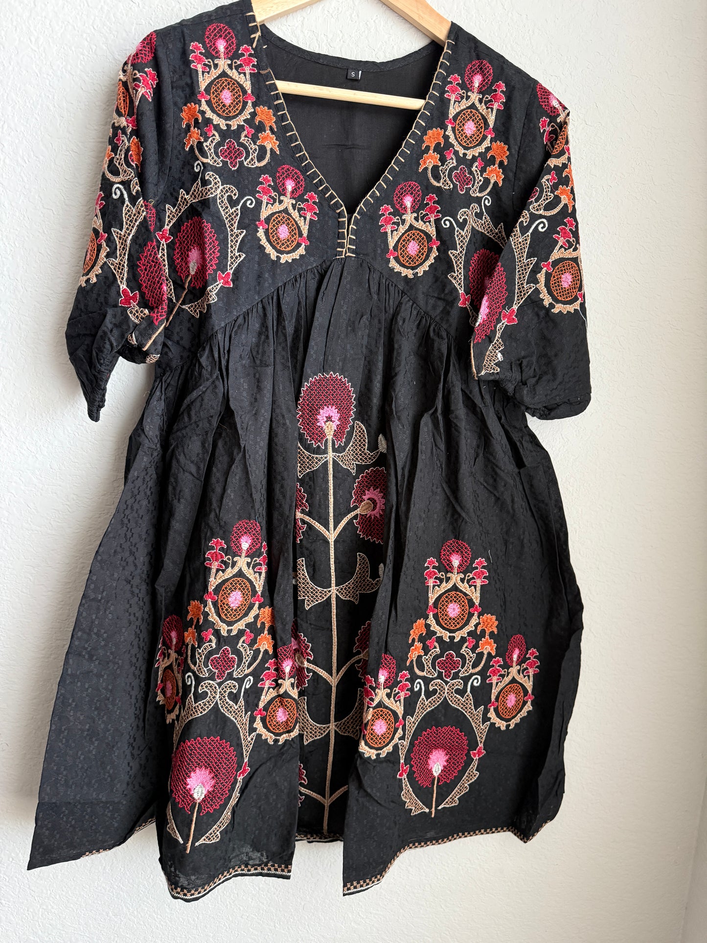 Black embroidered short floral tunic style dress - short kurti