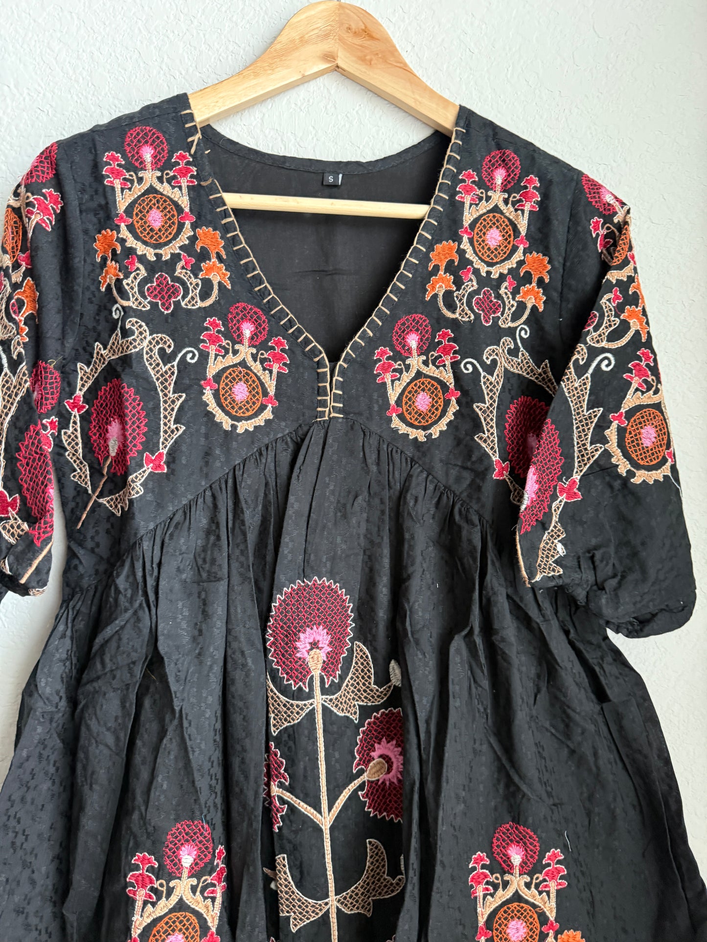 Black embroidered short floral tunic style dress - short kurti