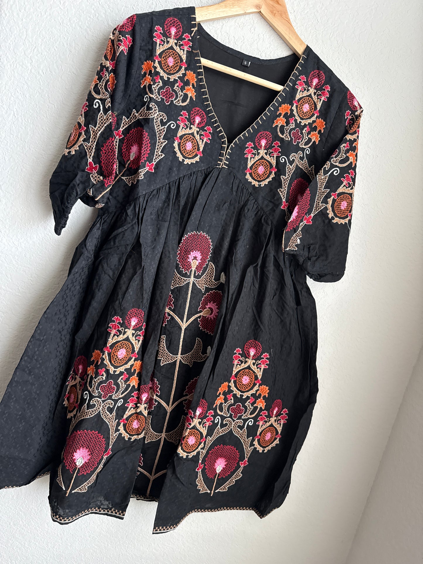 Black embroidered short floral tunic style dress - short kurti