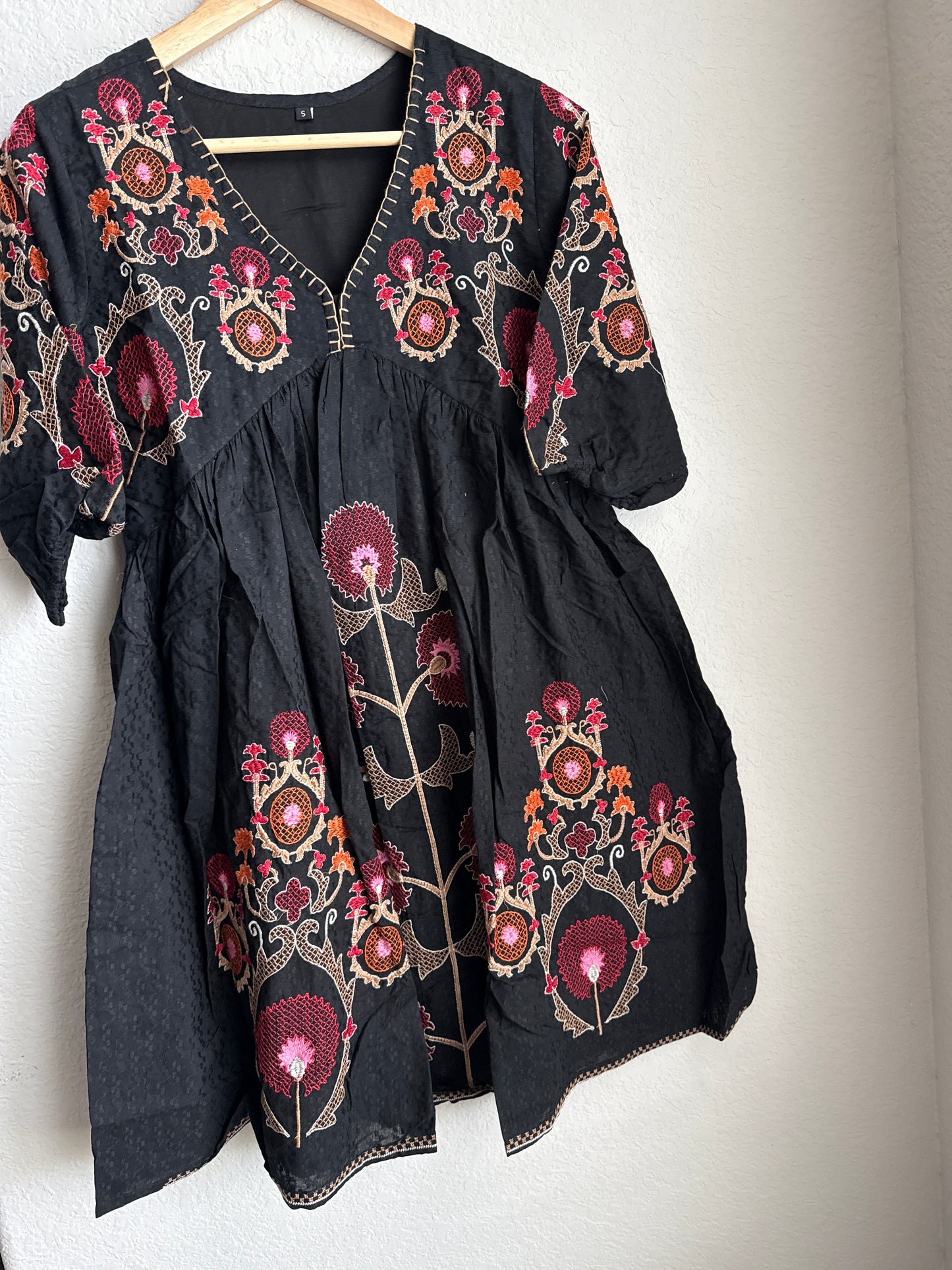 Black embroidered short floral tunic style dress - short kurti