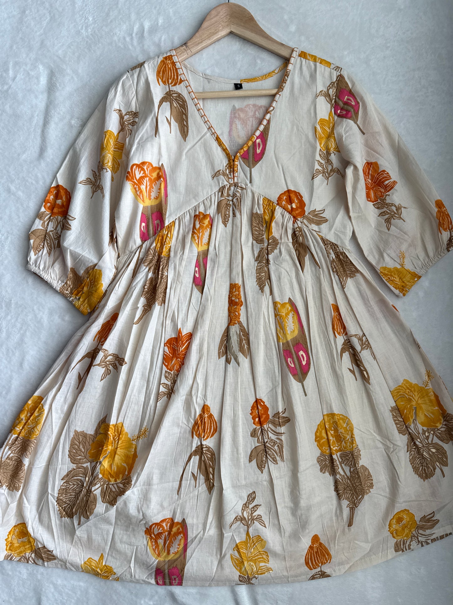 Beige with orange handblock print floral short dress - tunic style dress