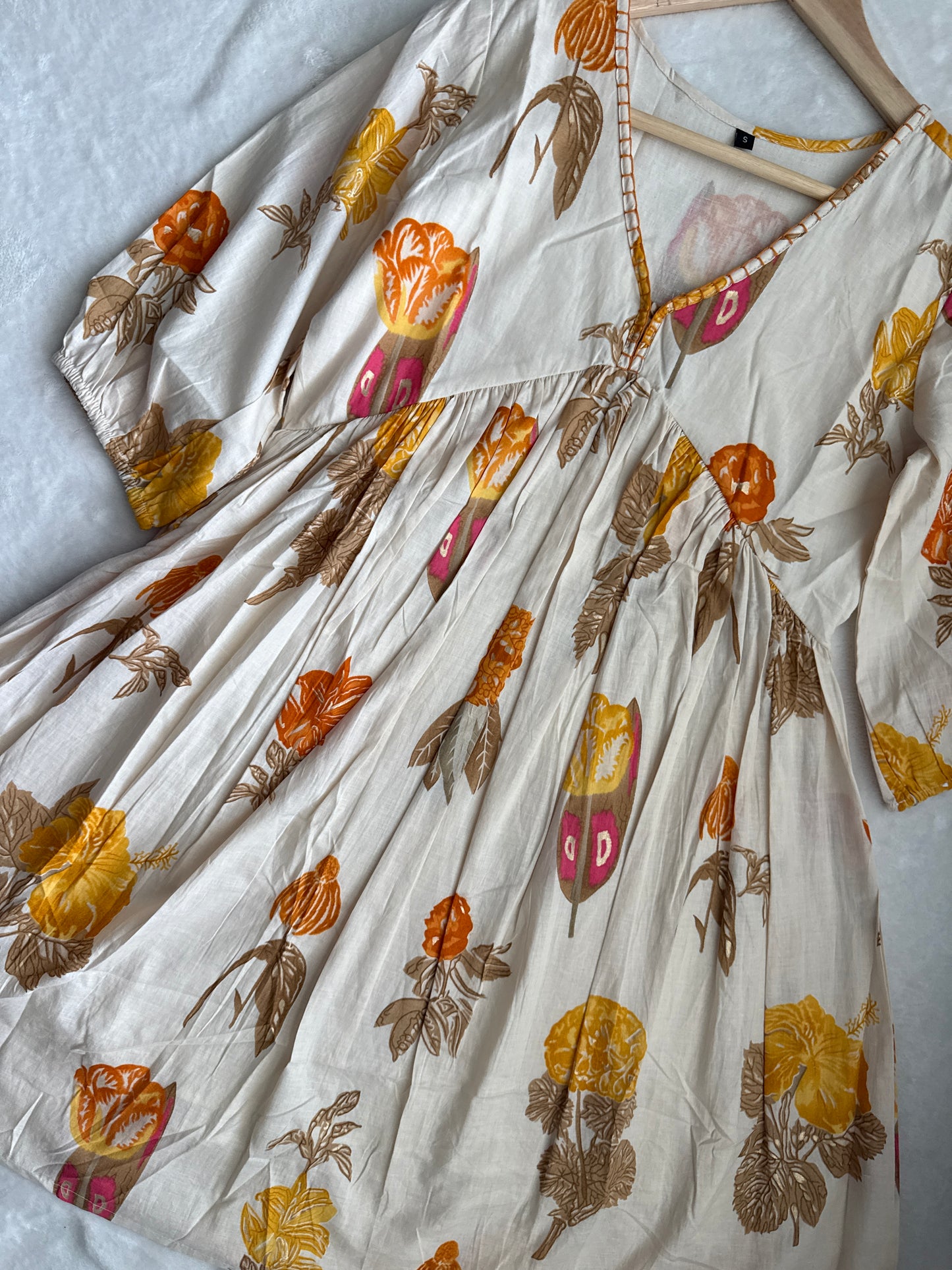 Beige with orange handblock print floral short dress - tunic style dress