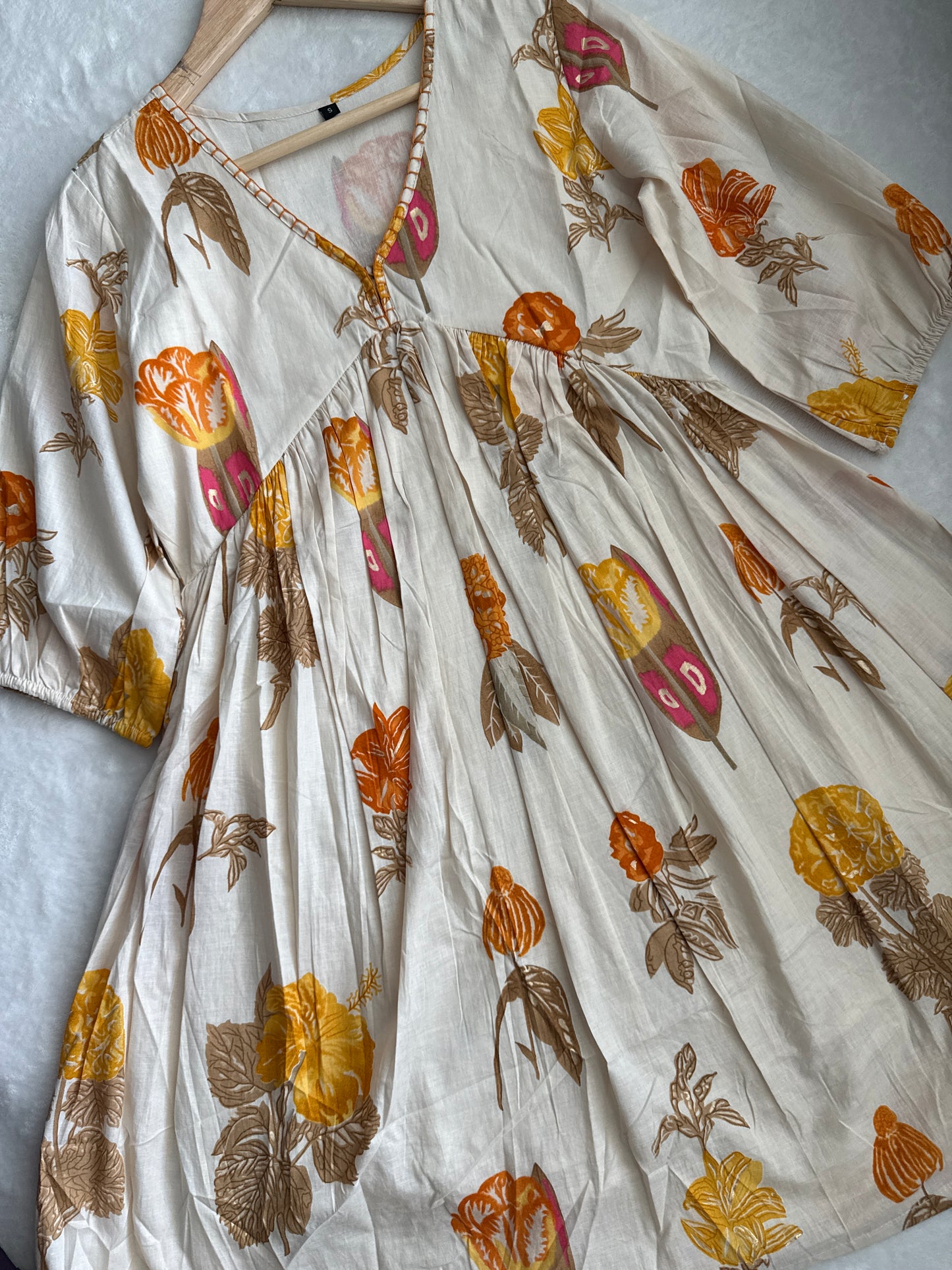 Beige with orange handblock print floral short dress - tunic style dress