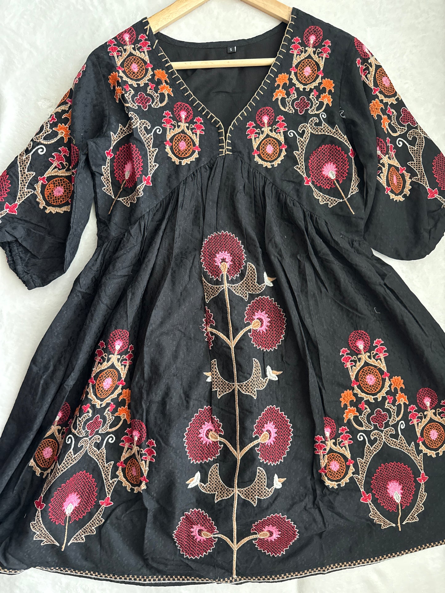 Black embroidered short floral tunic style dress - short kurti