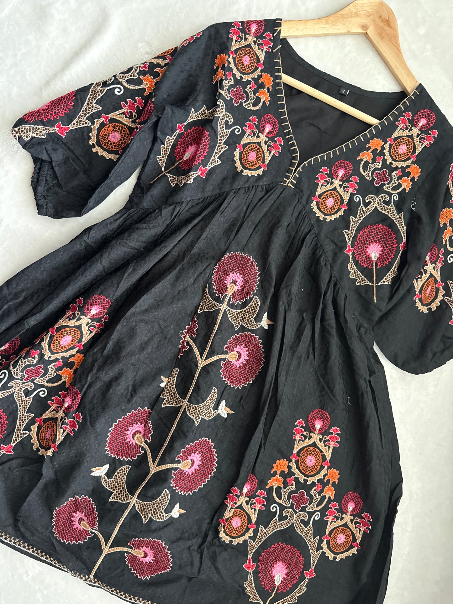 Black embroidered short floral tunic style dress - short kurti