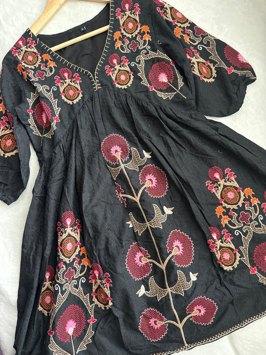 Black embroidered short floral tunic style dress - short kurti
