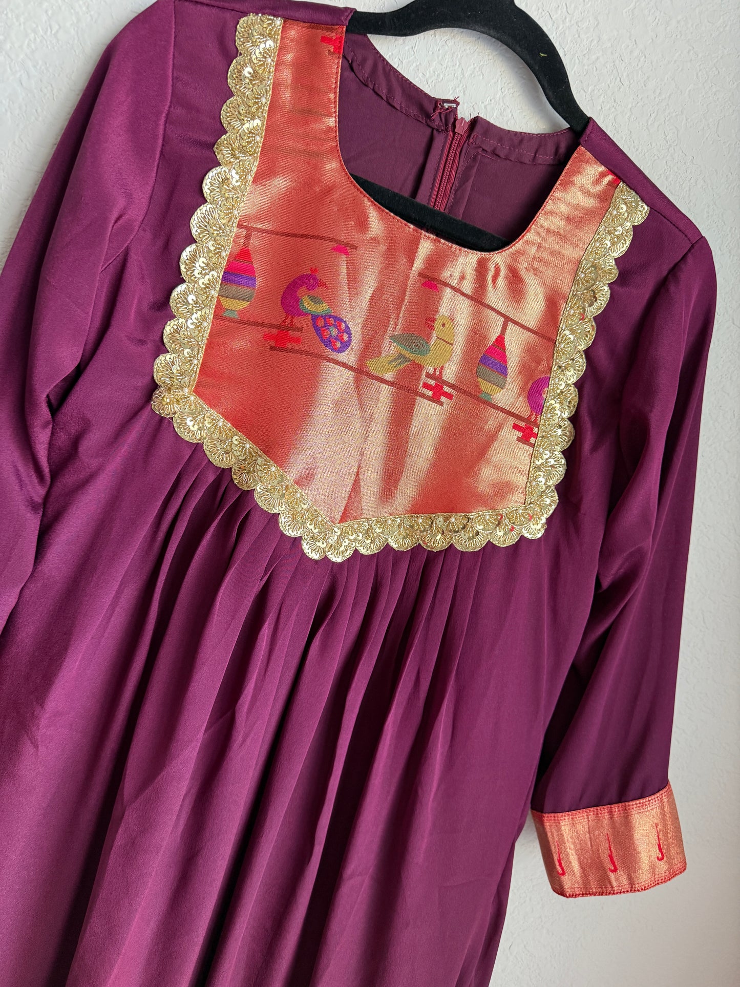 Wine shade paithani crape tunic with beautiful lace detailing
