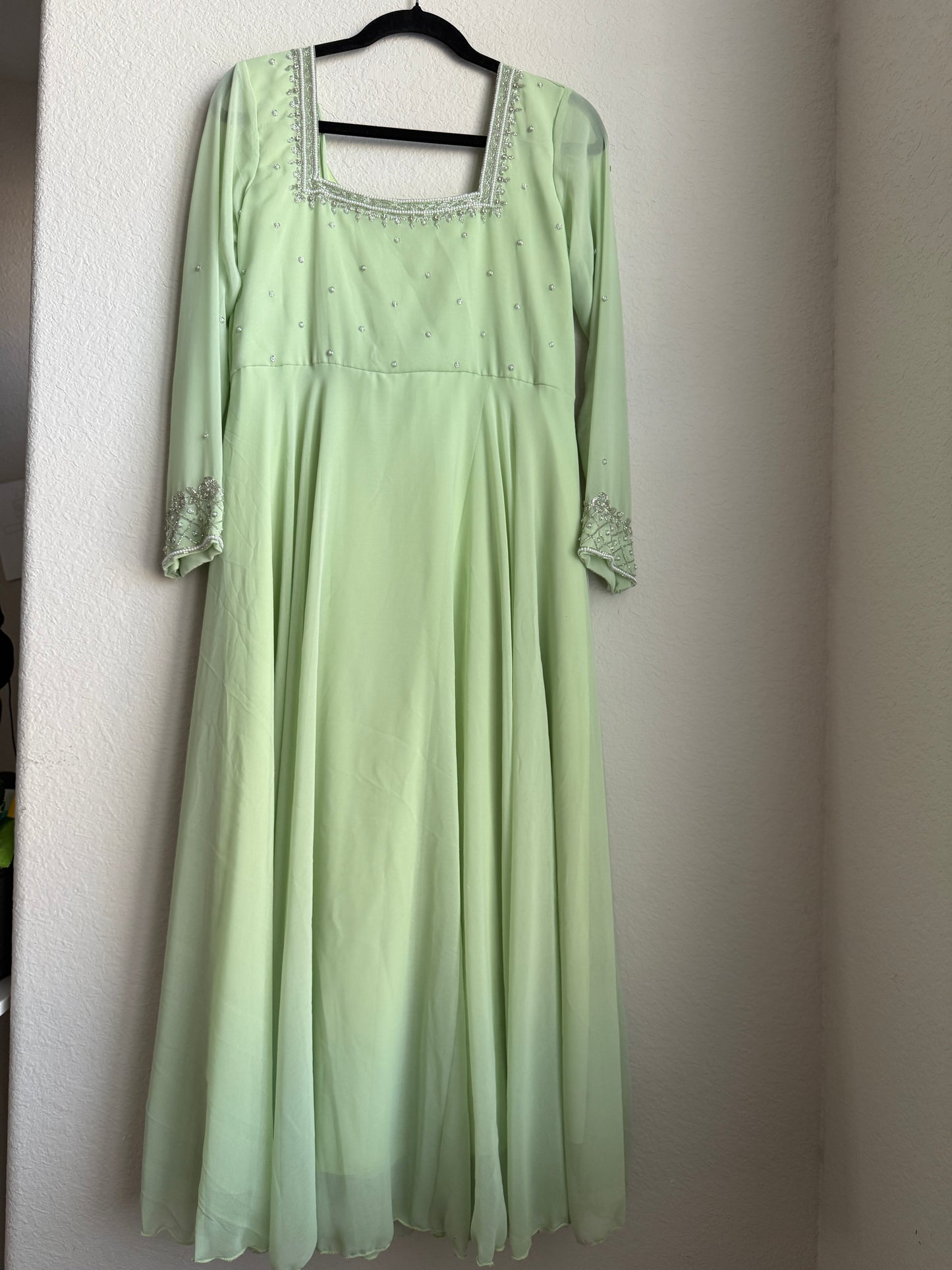 Pista green maggam work georgette heavy flare anarkali tunic