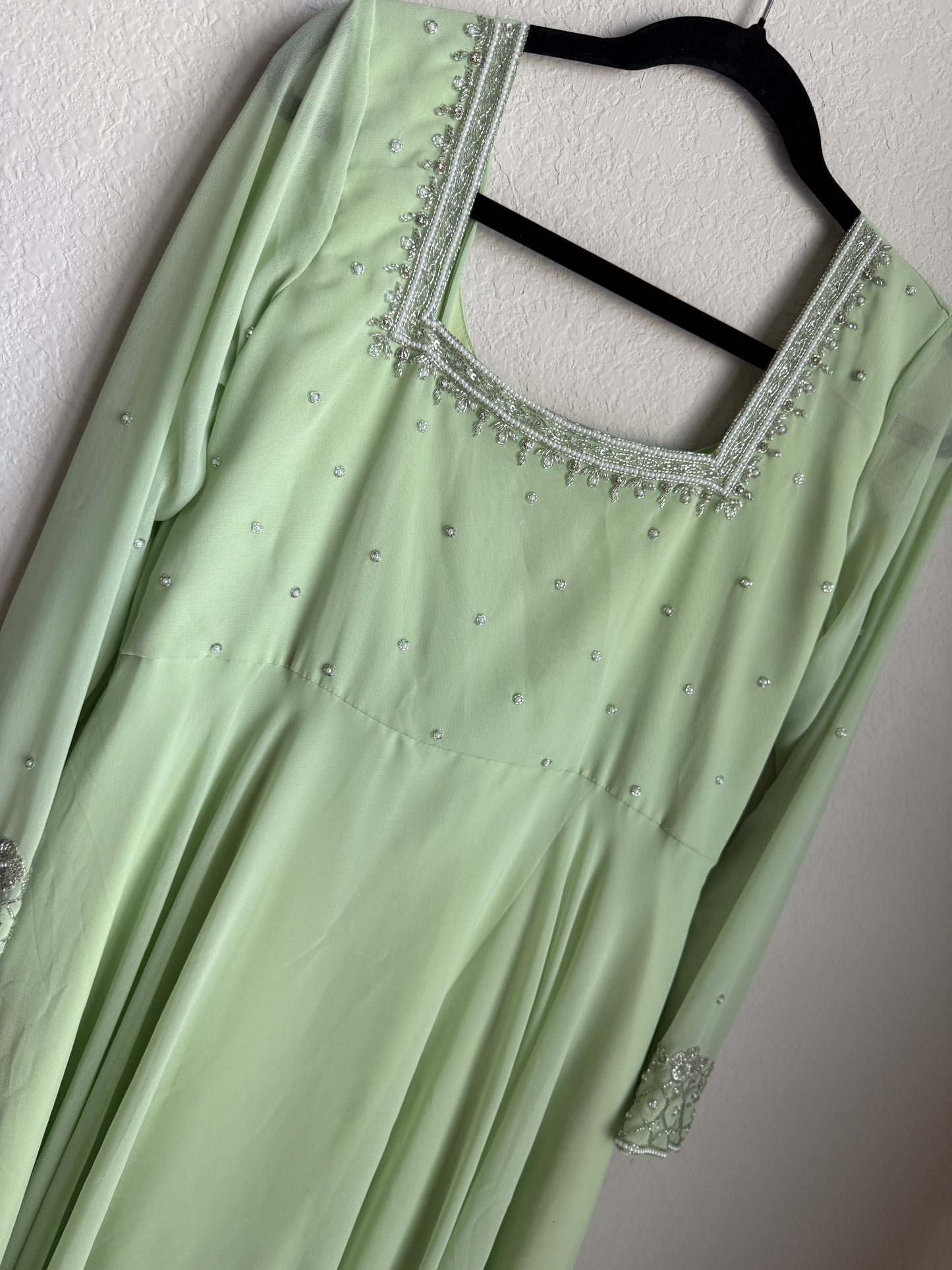 Pista green maggam work georgette heavy flare anarkali tunic