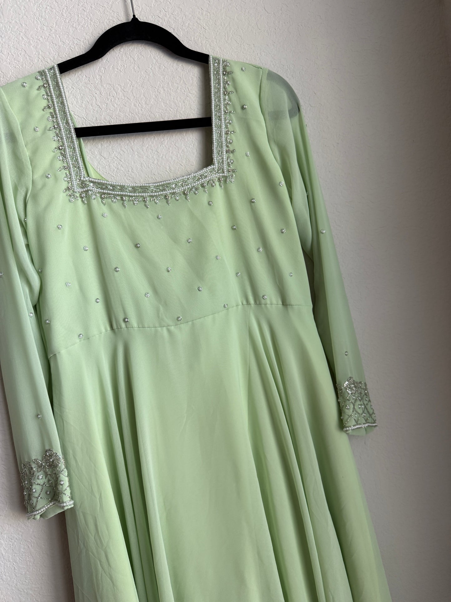 Pista green maggam work georgette heavy flare anarkali tunic