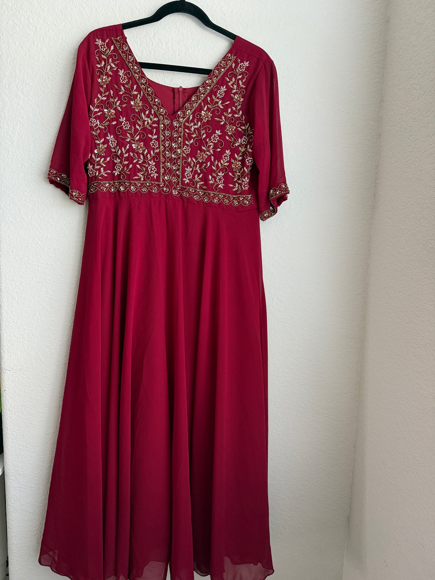 Dark Maroon Georgette Designer Maggam Work Heavy Flared Anarkali Tunic