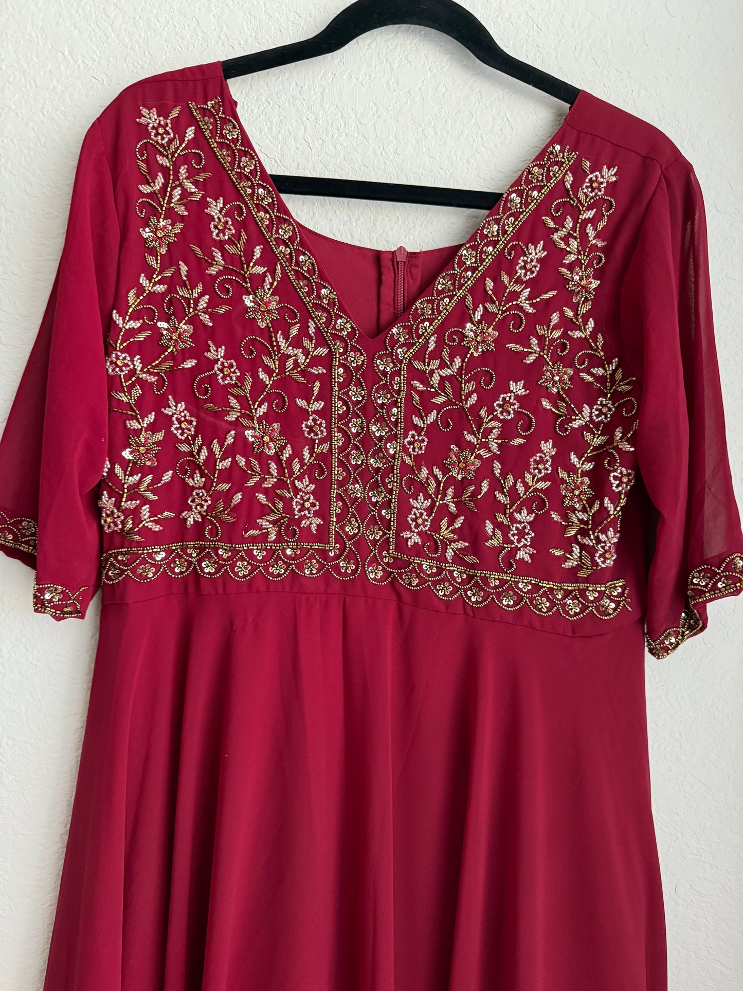 Dark Maroon Georgette Designer Maggam Work Heavy Flared Anarkali Tunic