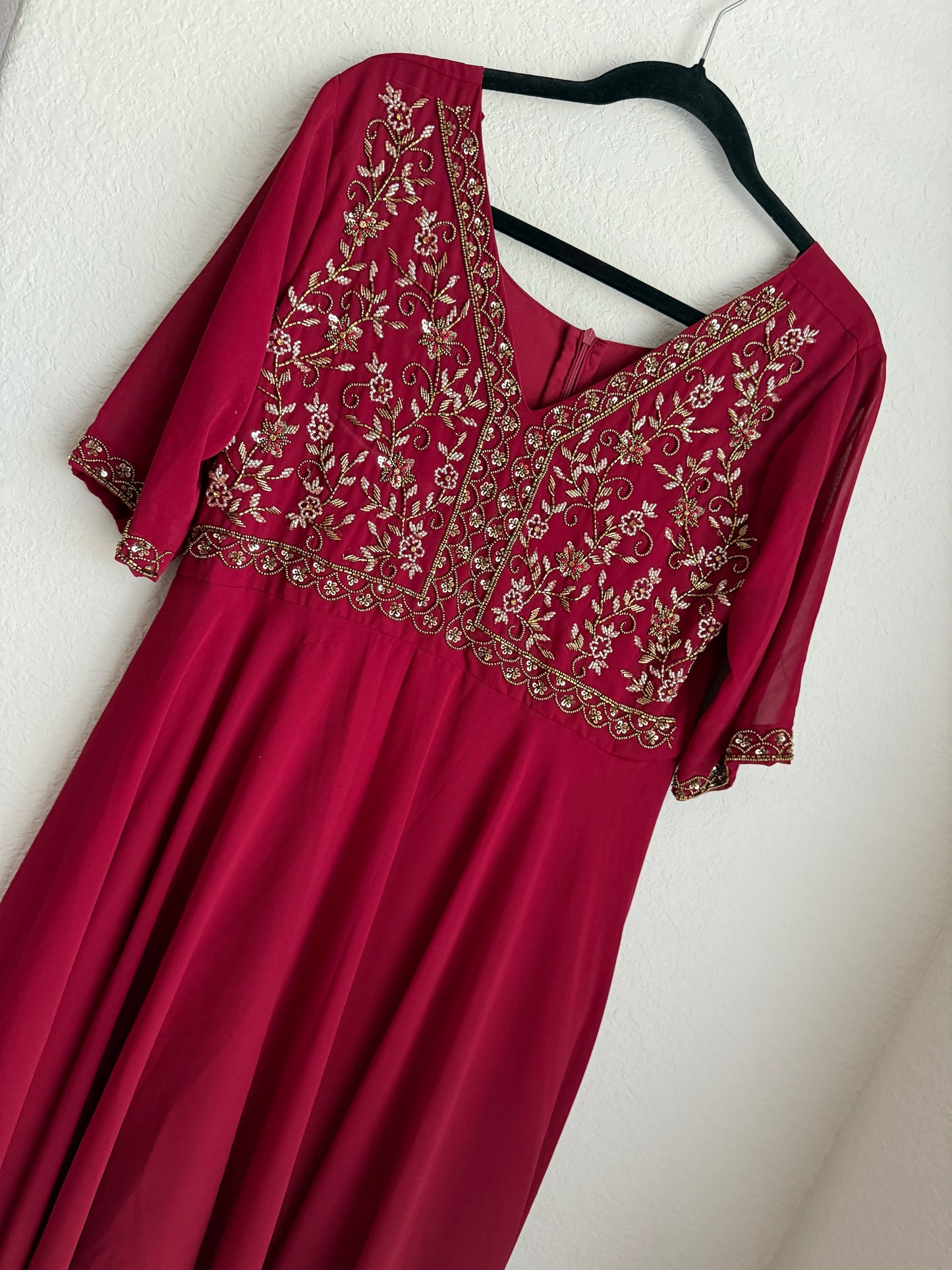 Dark Maroon Georgette Designer Maggam Work Heavy Flared Anarkali Tunic