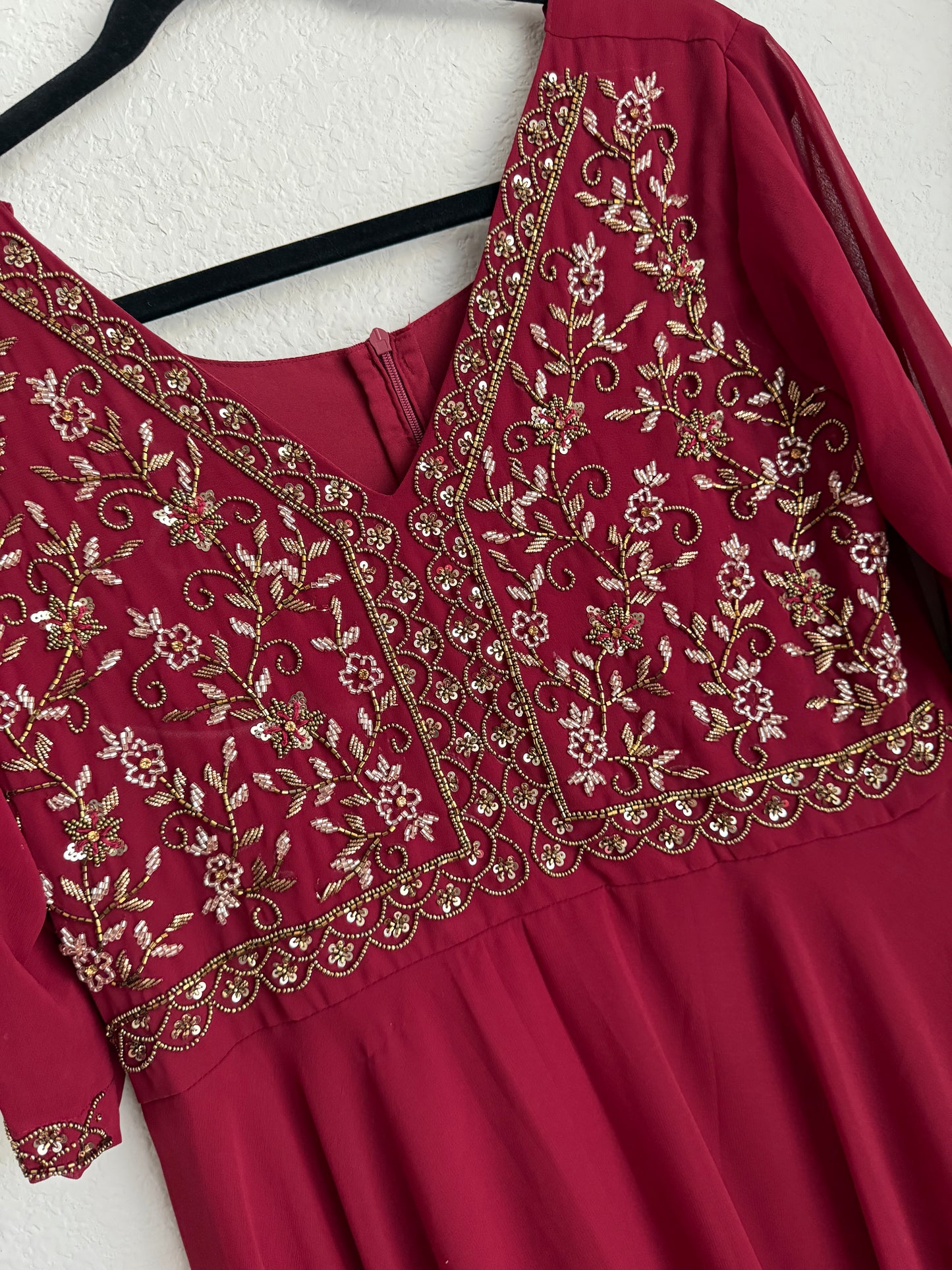 Dark Maroon Georgette Designer Maggam Work Heavy Flared Anarkali Tunic