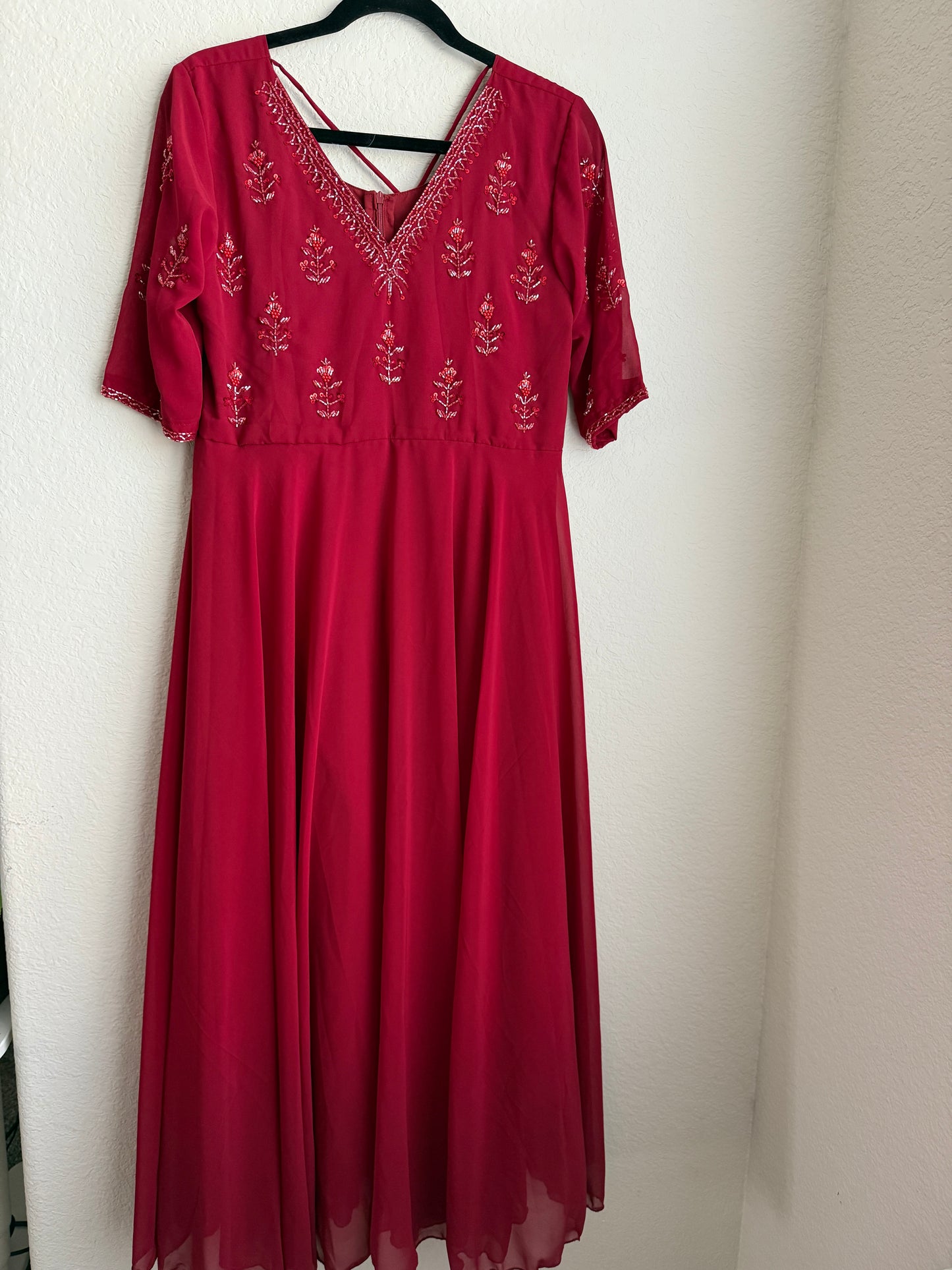 Light Maroon Georgette Maggam Work Heavy Flared Anarkali Tunic