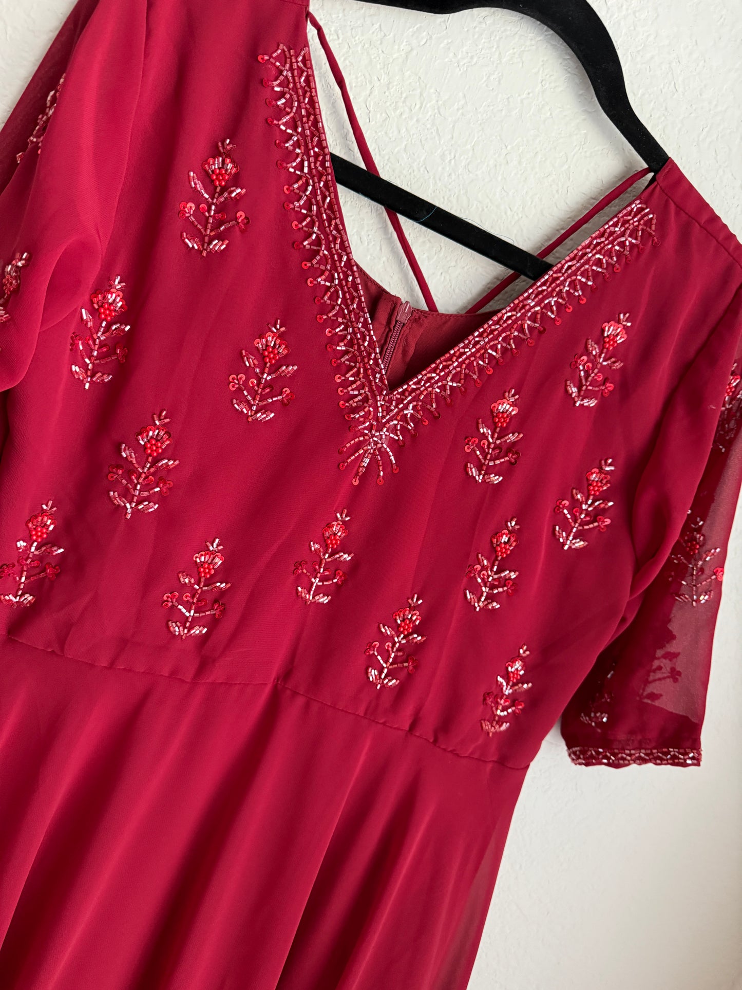 Light Maroon Georgette Maggam Work Heavy Flared Anarkali Tunic