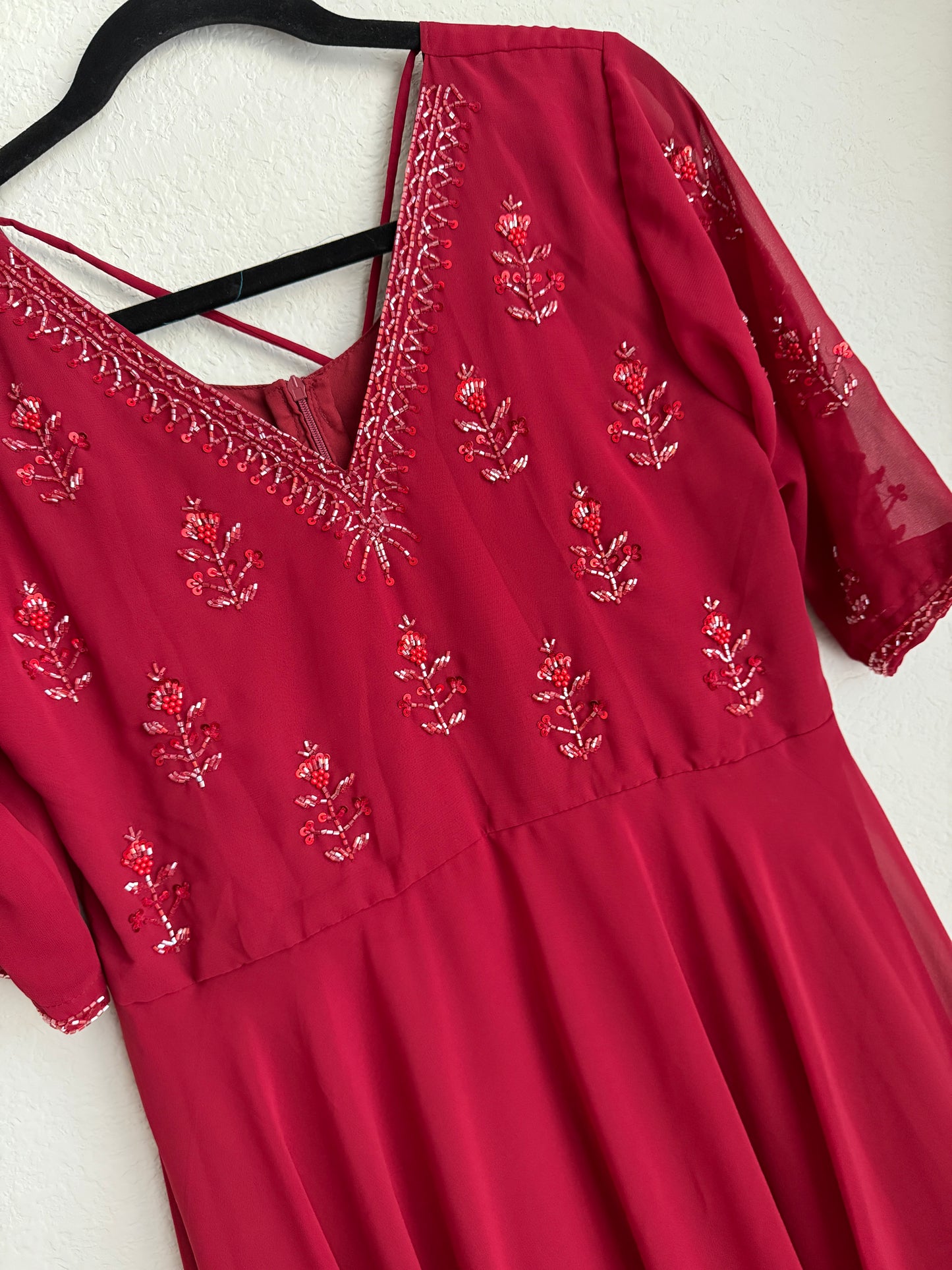 Light Maroon Georgette Maggam Work Heavy Flared Anarkali Tunic