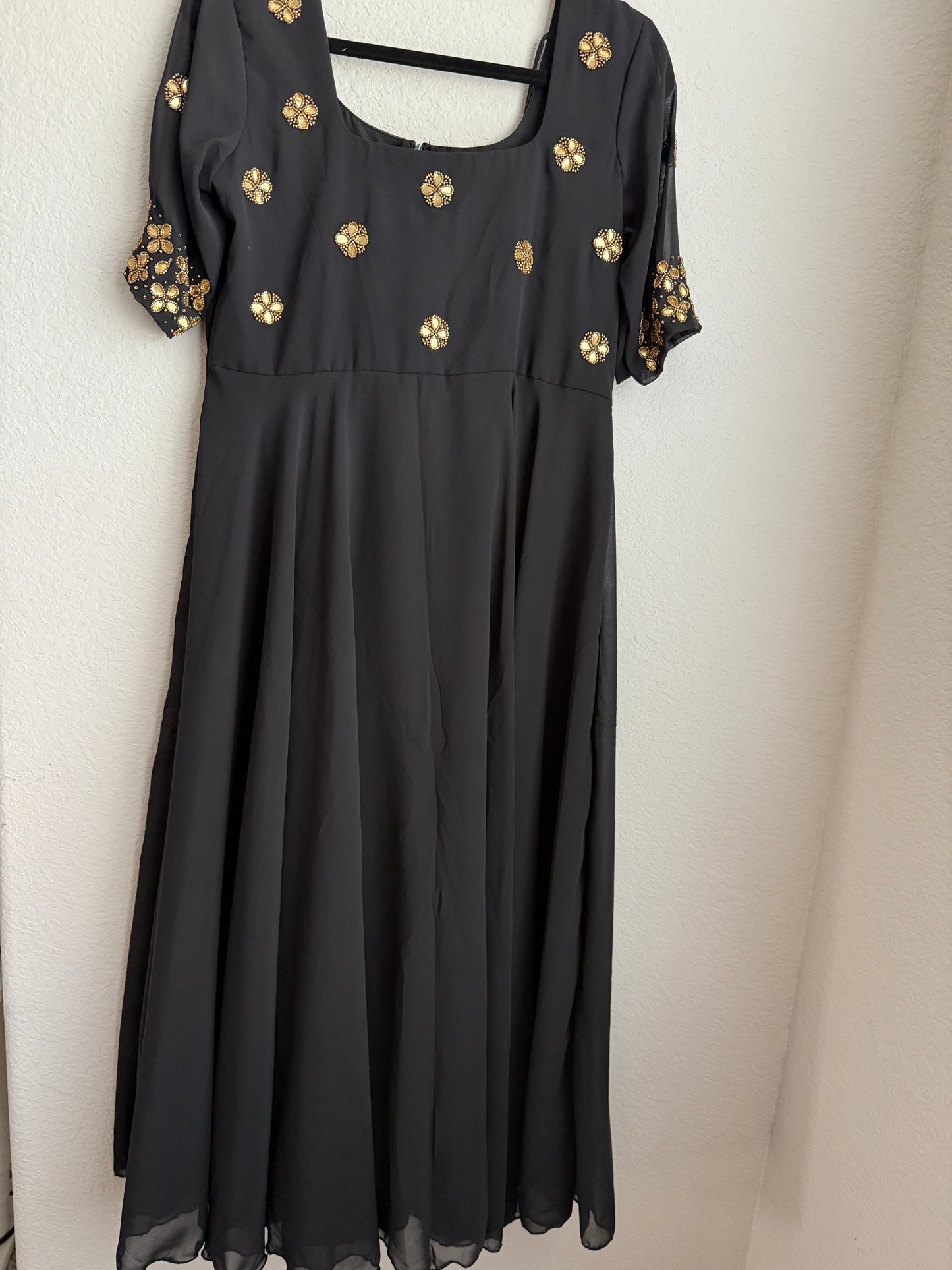 Black Georgette Foil Maggam Work Heavy Flared Designer Anarkali Tunic