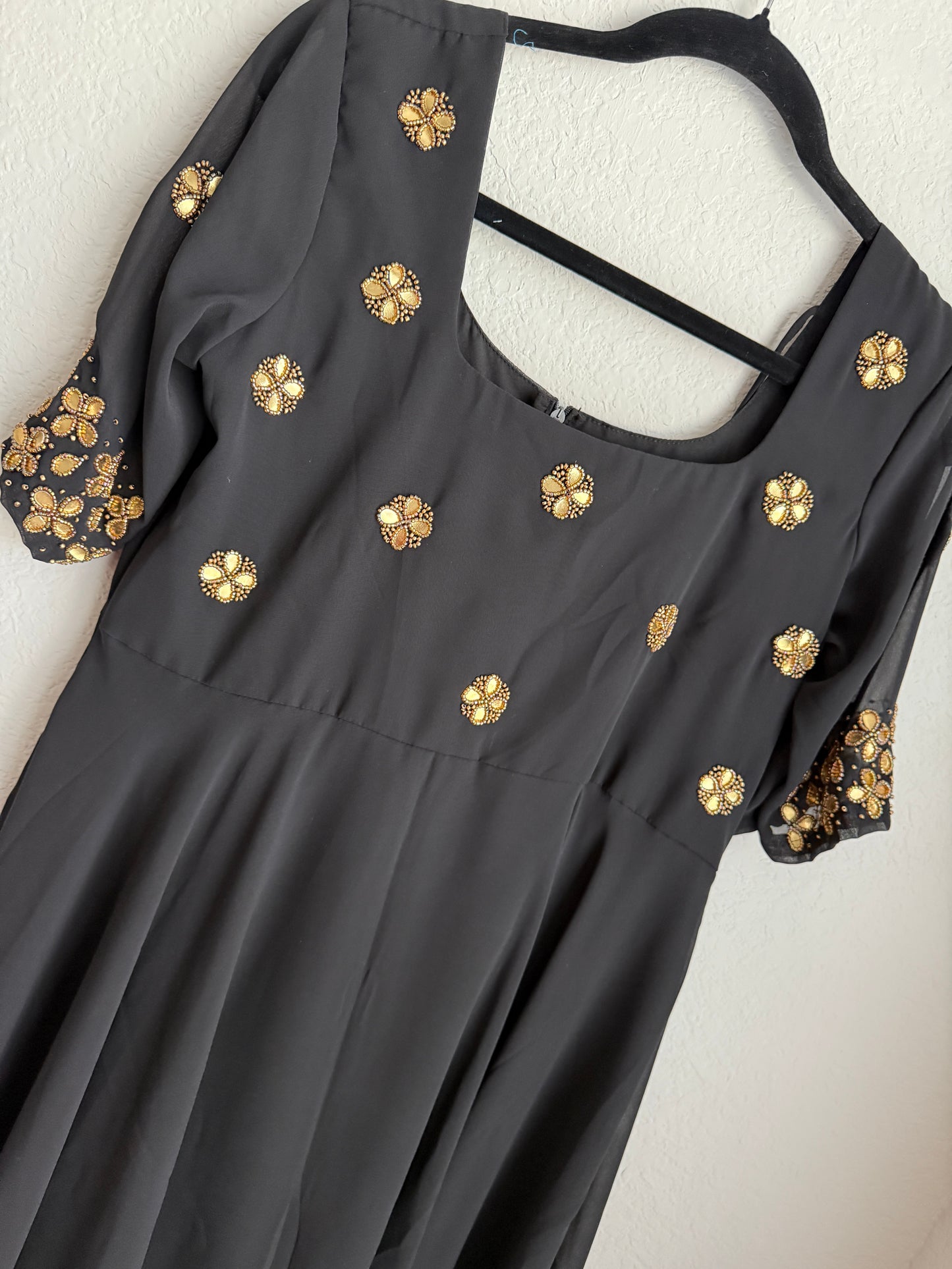 Black Georgette Foil Maggam Work Heavy Flared Designer Anarkali Tunic