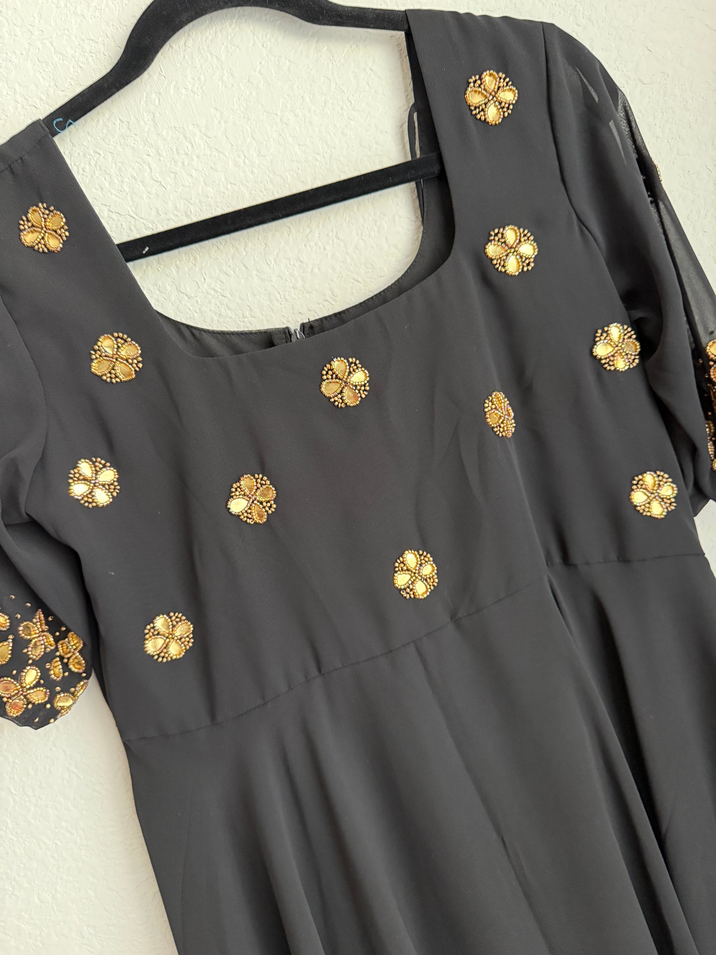 Black Georgette Foil Maggam Work Heavy Flared Designer Anarkali Tunic