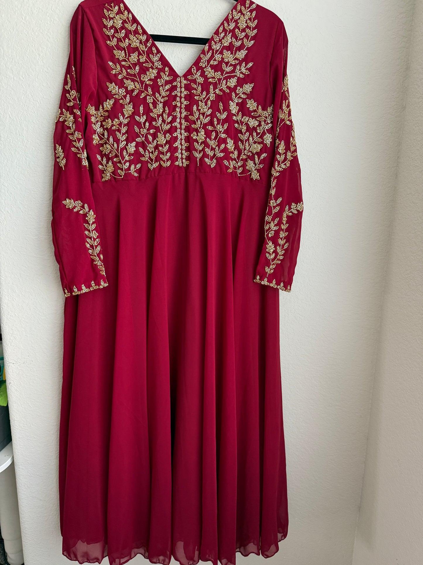 Maroon maggam work georgette heavy flare full sleeve anarkali tunic