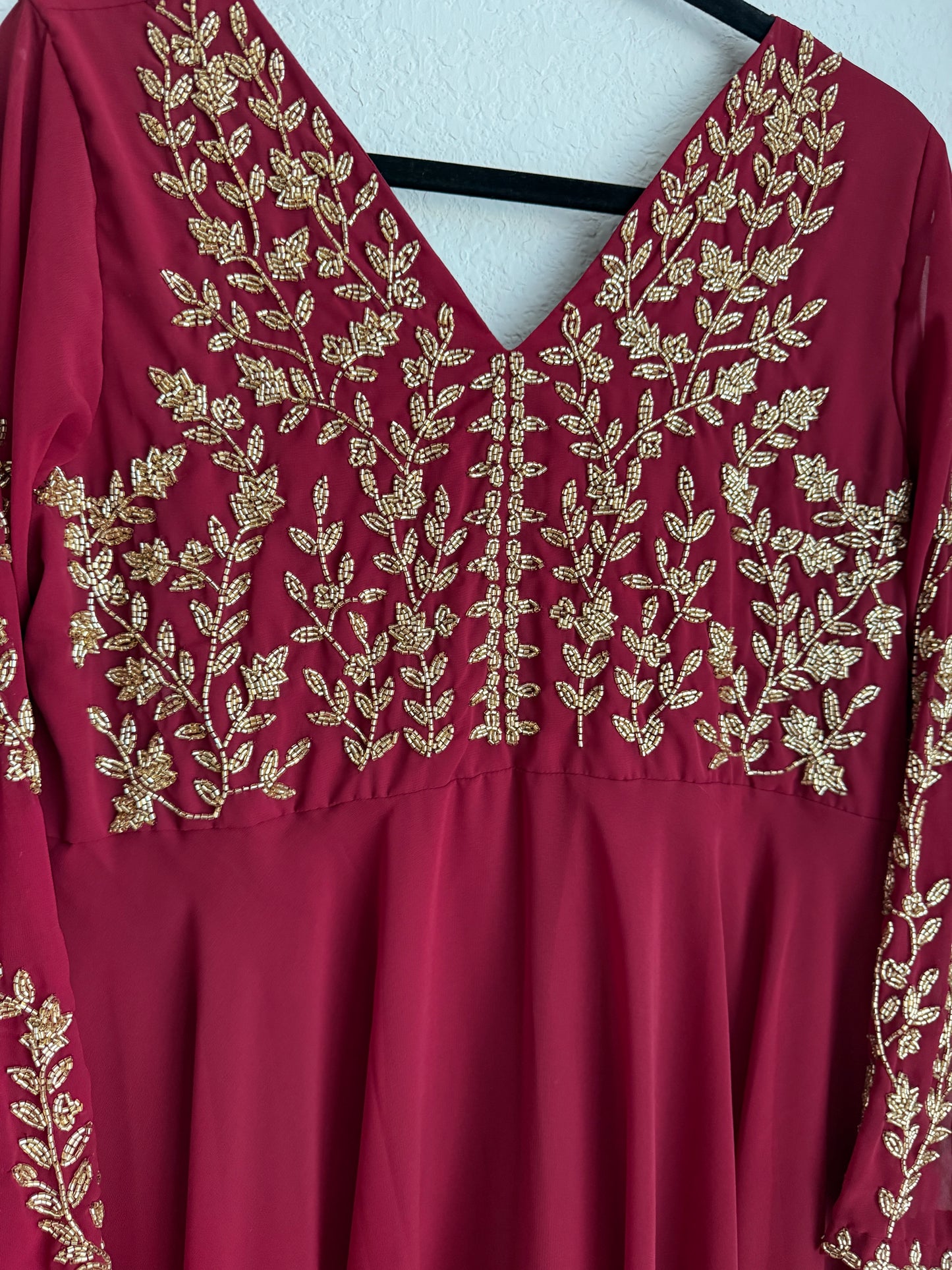 Maroon maggam work georgette heavy flare full sleeve anarkali tunic