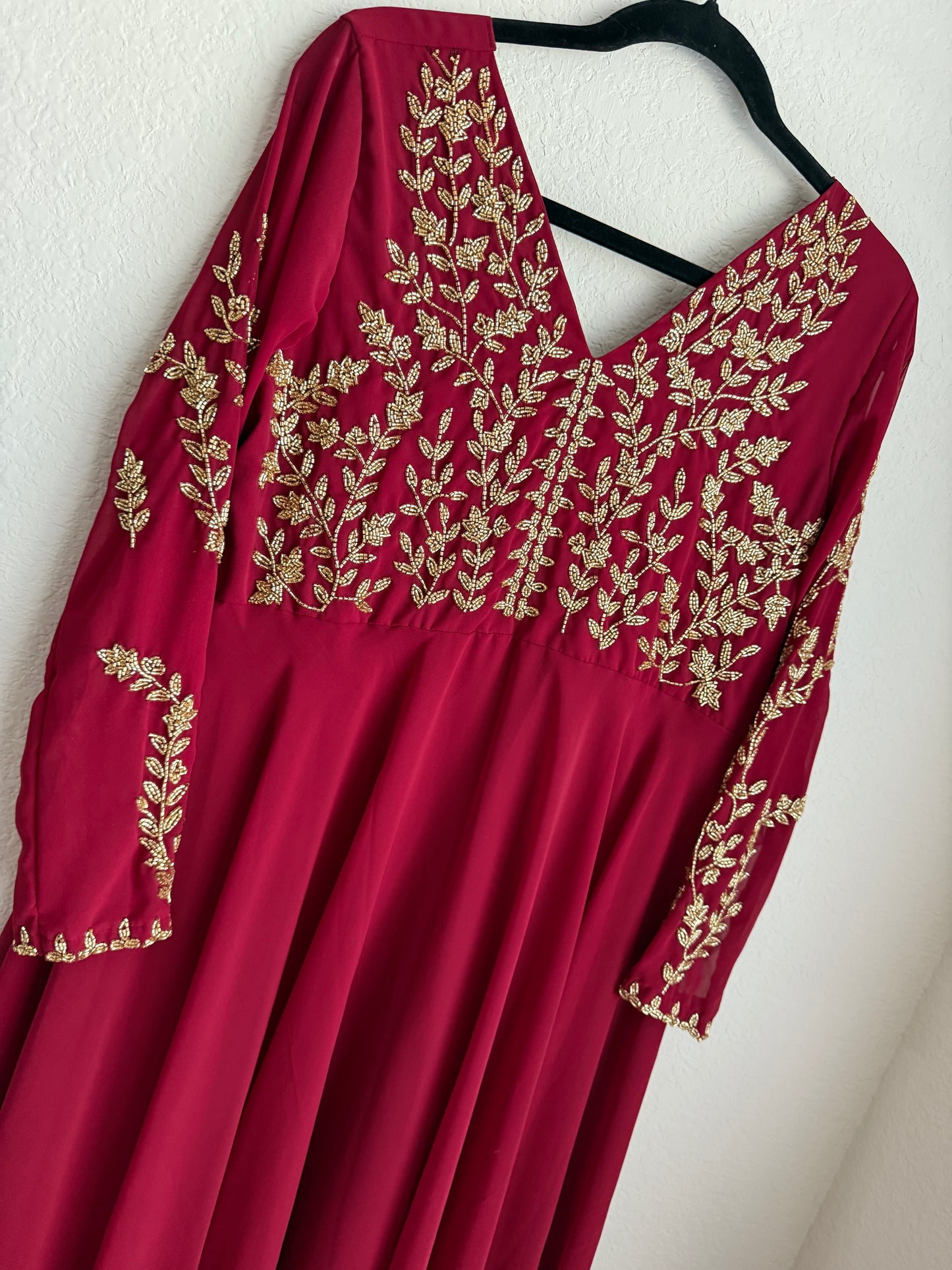 Maroon maggam work georgette heavy flare full sleeve anarkali tunic