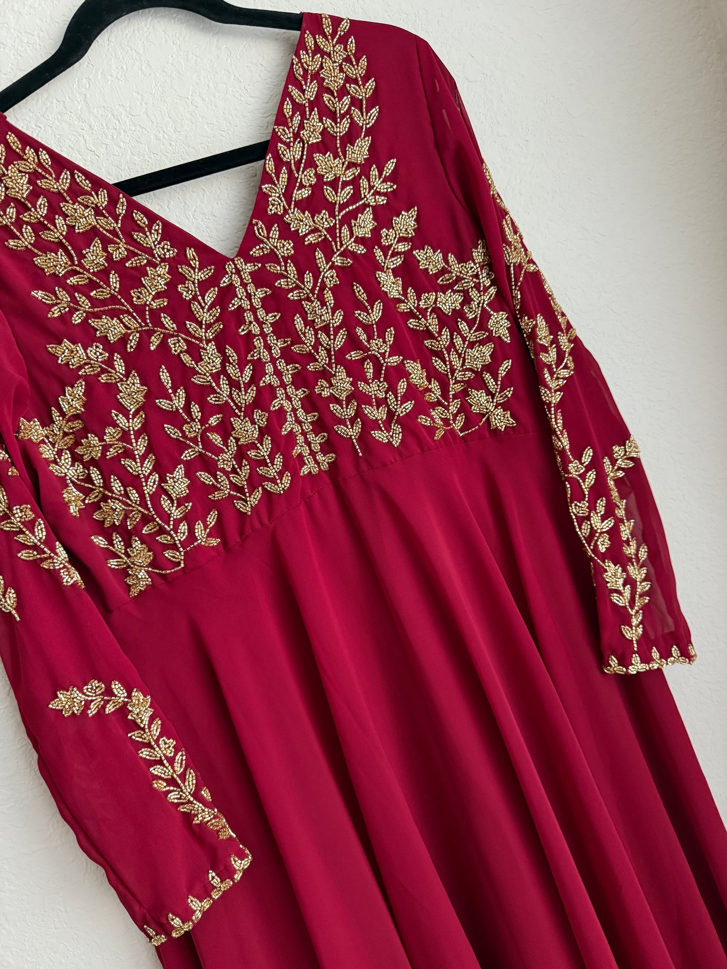 Maroon maggam work georgette heavy flare full sleeve anarkali tunic