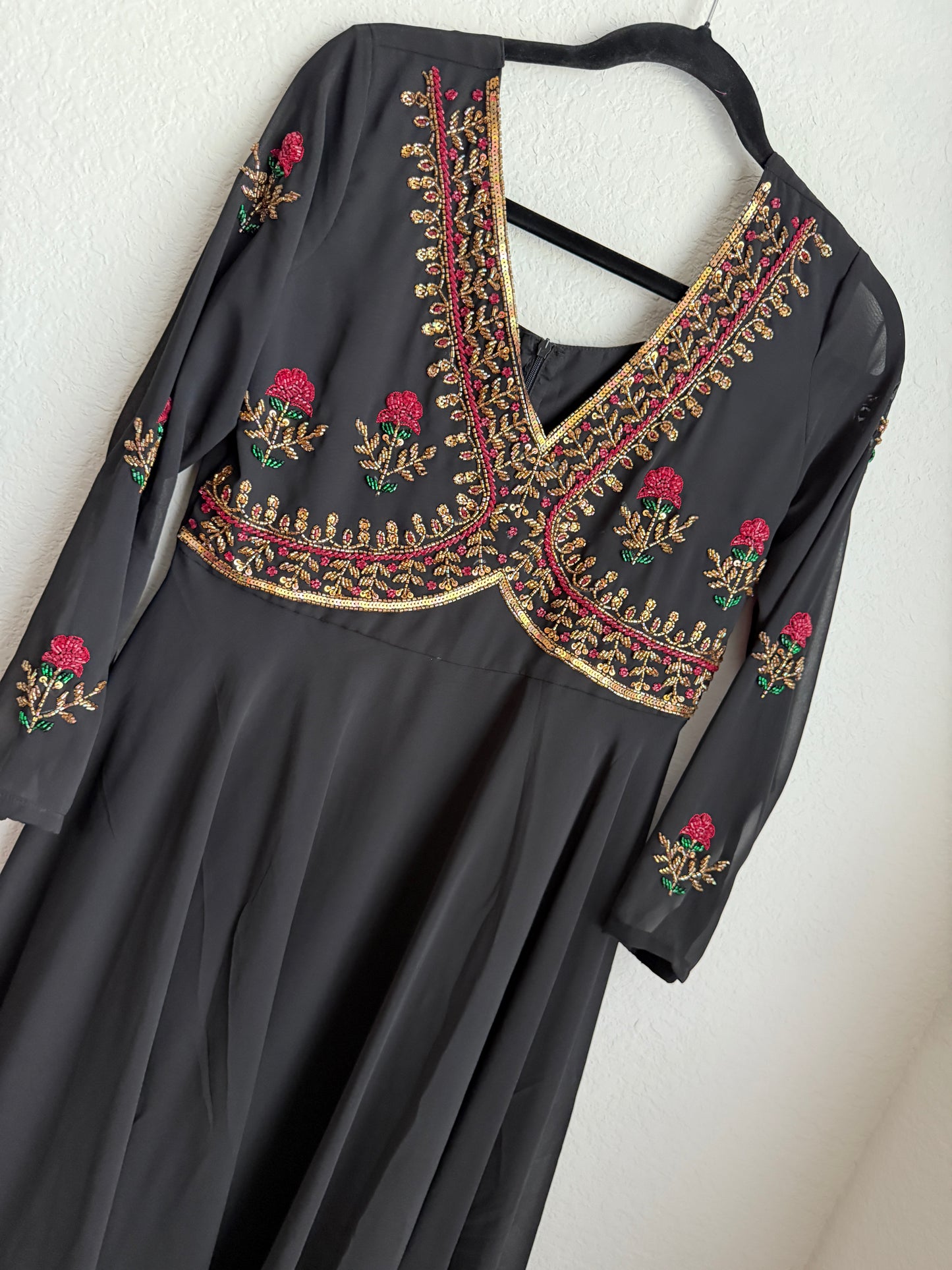 Black georgette maggam work heavy flare designer anarkali tunic