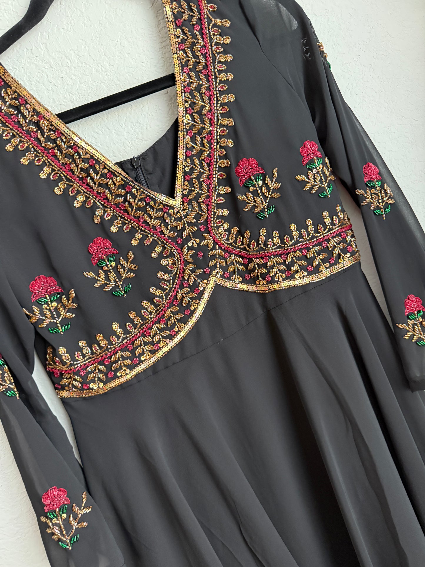 Black georgette maggam work heavy flare designer anarkali tunic