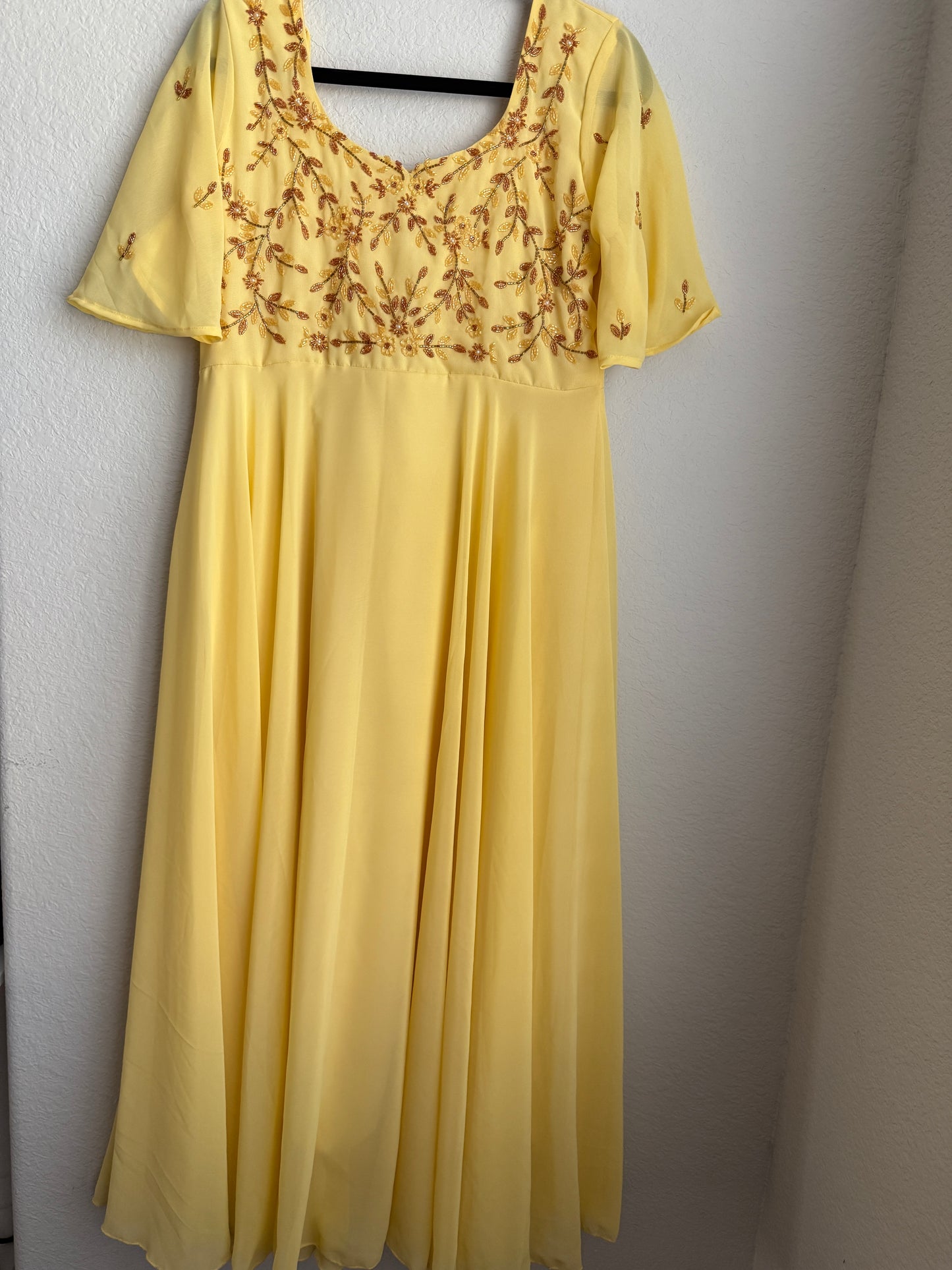 Yellow maggam work georgette heavy flare anarkali tunic
