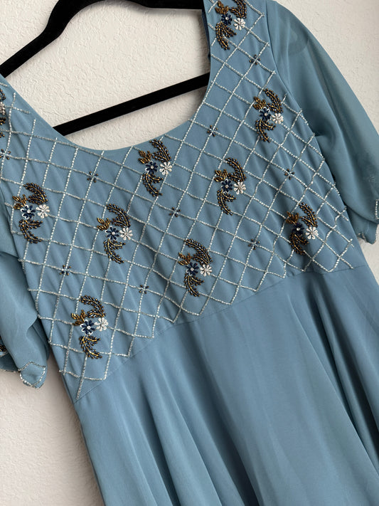 Powder blue grayish heavy maggam work georgette anarkali tunic