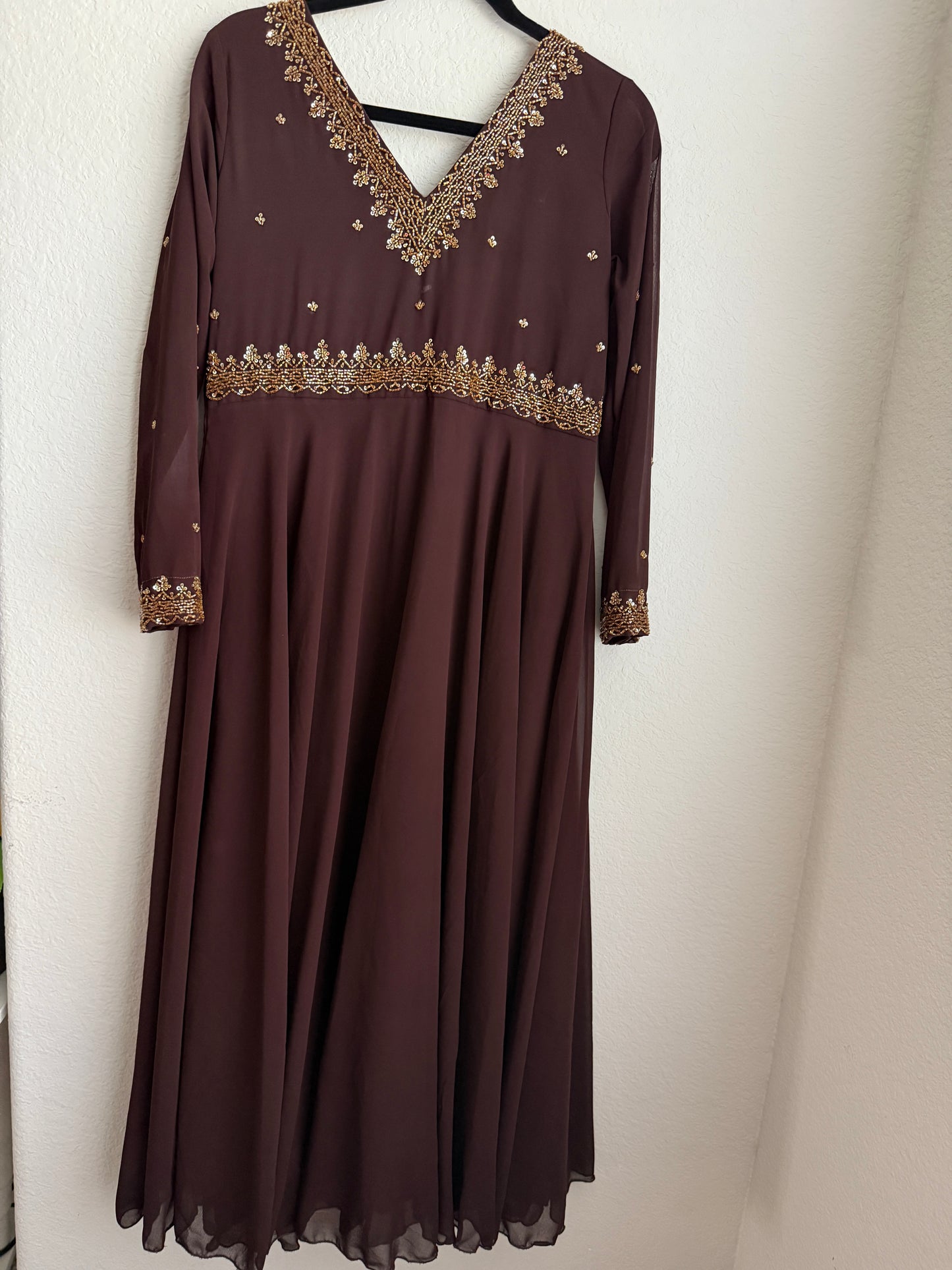 Brown georgette maggam work heavy flared anarkali tunic