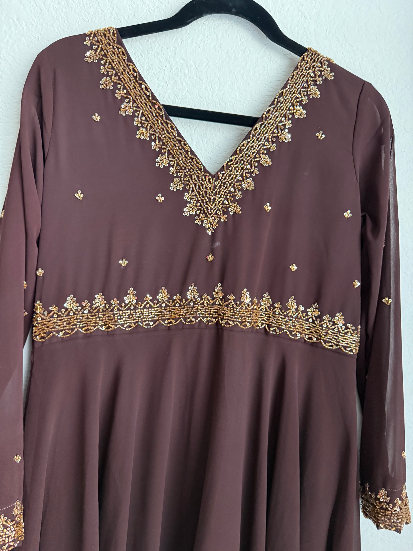 Brown georgette maggam work heavy flared anarkali tunic