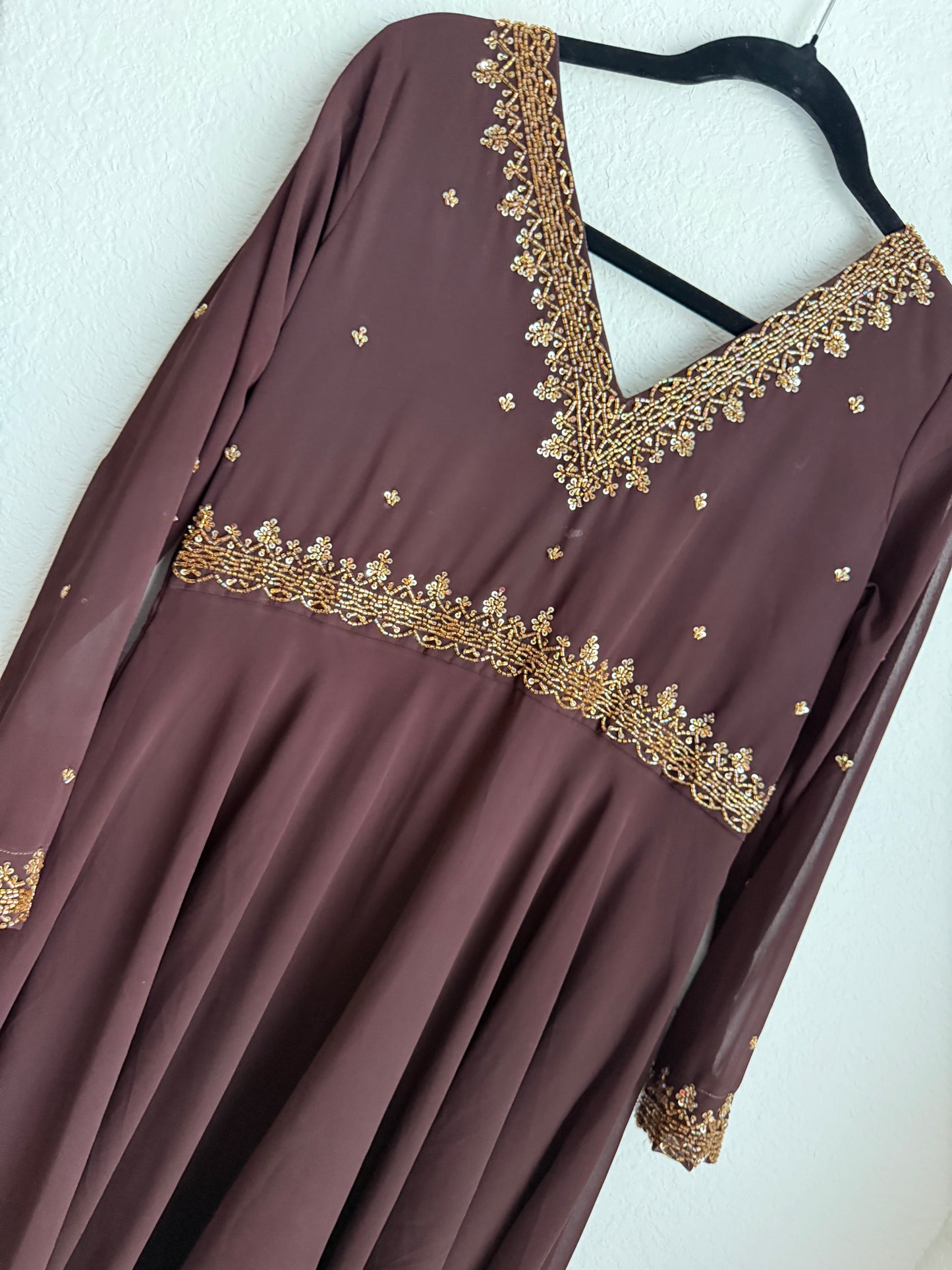 Brown georgette maggam work heavy flared anarkali tunic