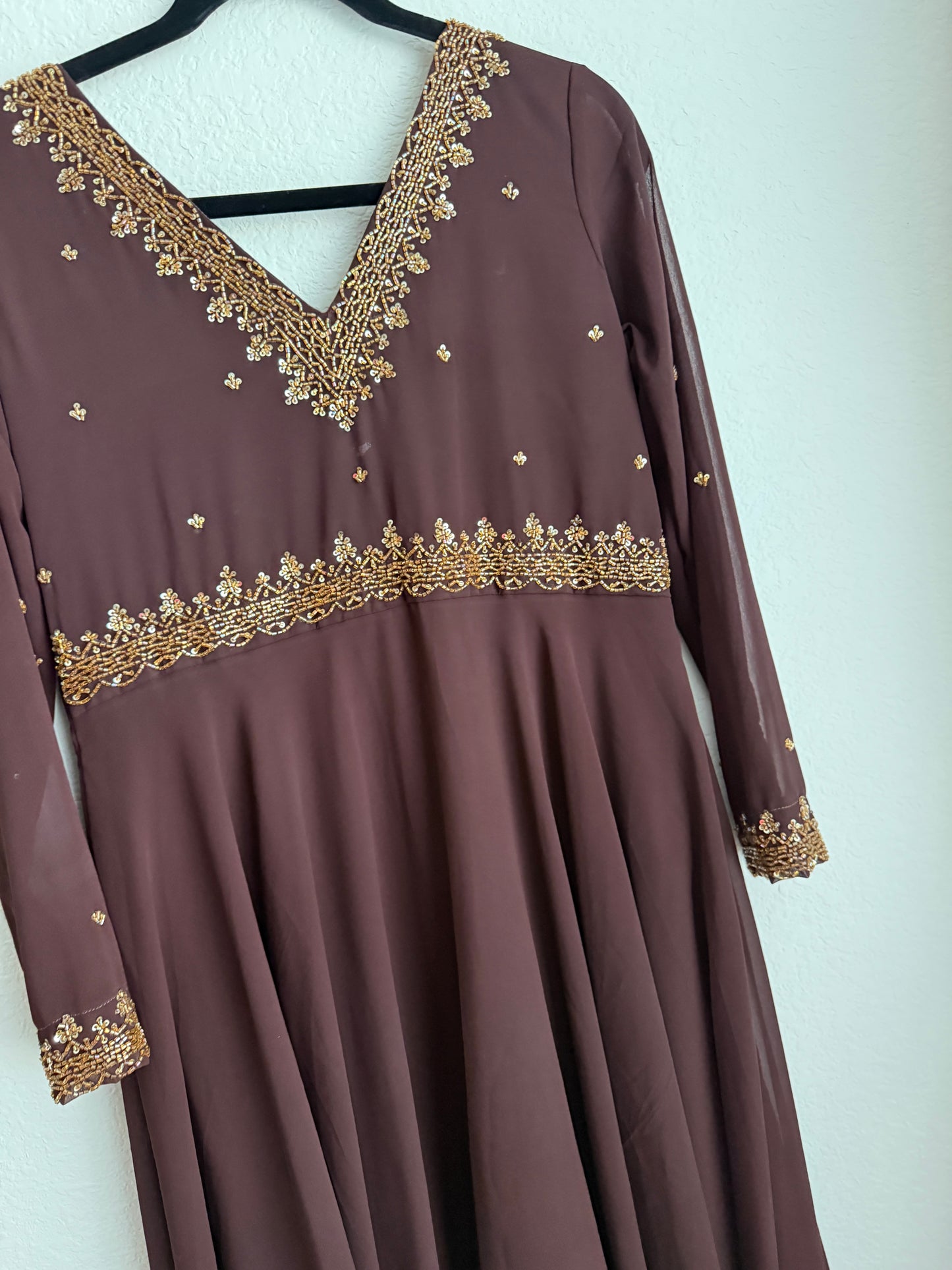 Brown georgette maggam work heavy flared anarkali tunic