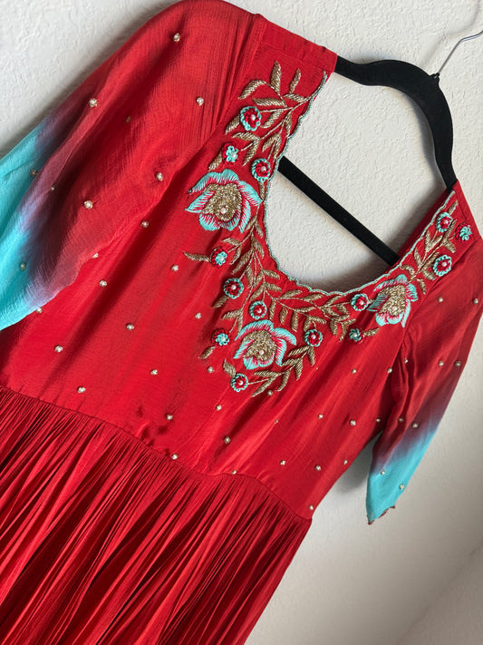 Red with teal dual shade chinnon long designer anarkali dress with maggam work detailing on the yolk