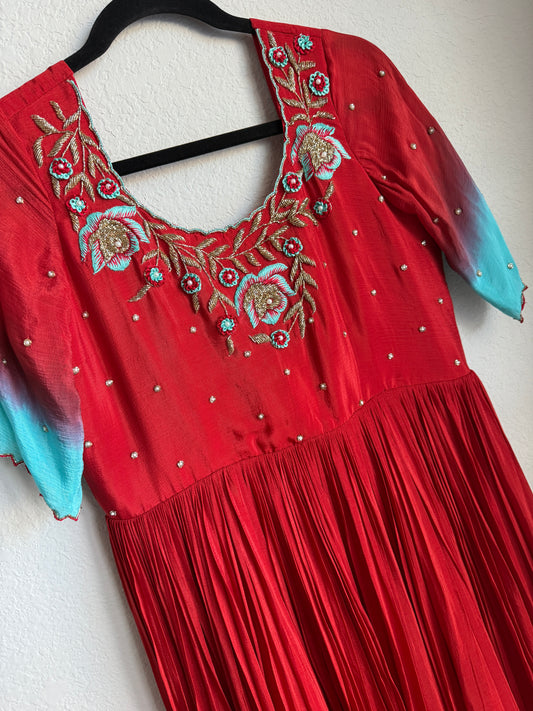 Red with teal dual shade chinnon long designer anarkali dress with maggam work detailing on the yolk