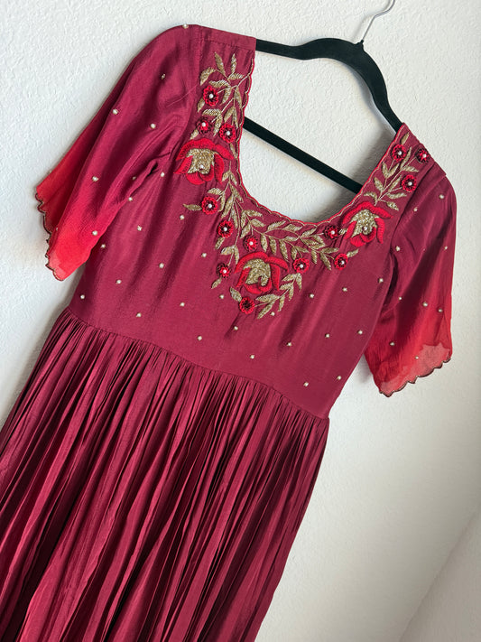 Maroon with red dual shade chinnon long anarkali dress with maggam work detailing on the yolk