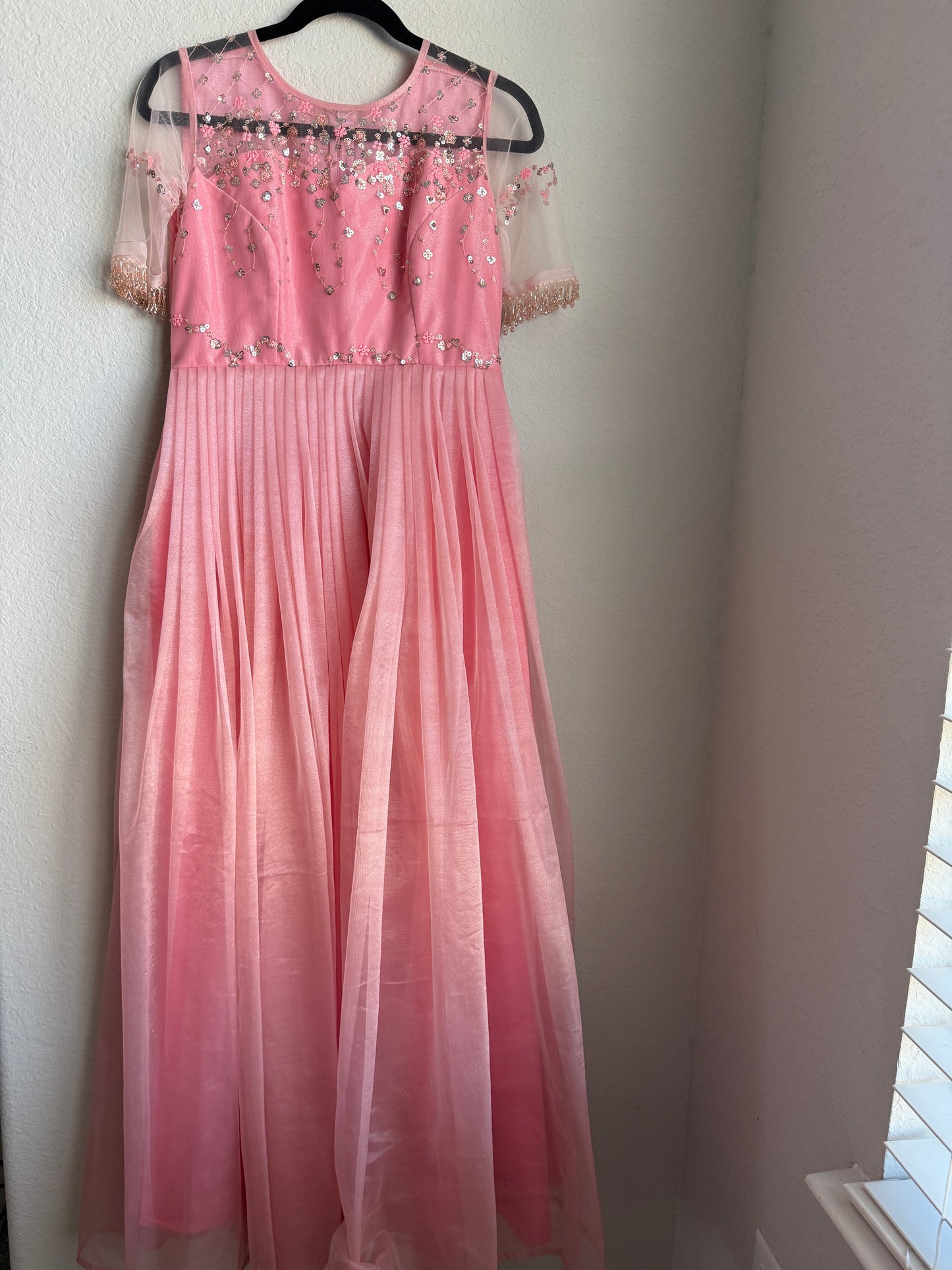 Baby Pink Net Sequin Long Anarkali Dress with beautiful yolk pattern
