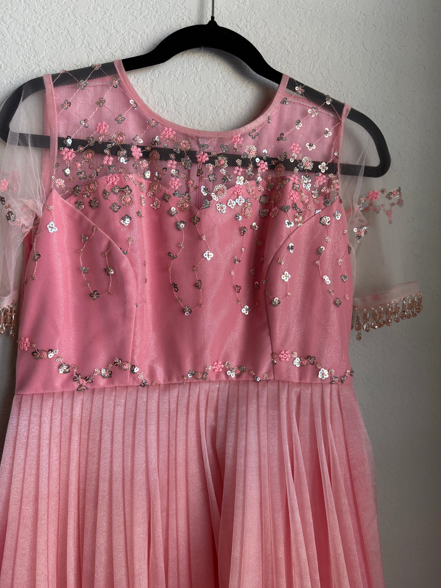 Baby Pink Net Sequin Long Anarkali Dress with beautiful yolk pattern