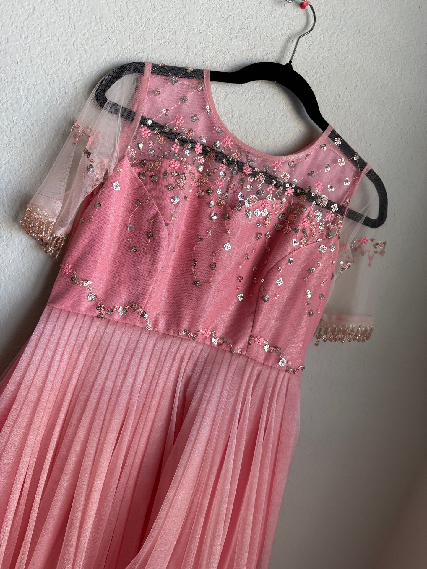 Baby Pink Net Sequin Long Anarkali Dress with beautiful yolk pattern