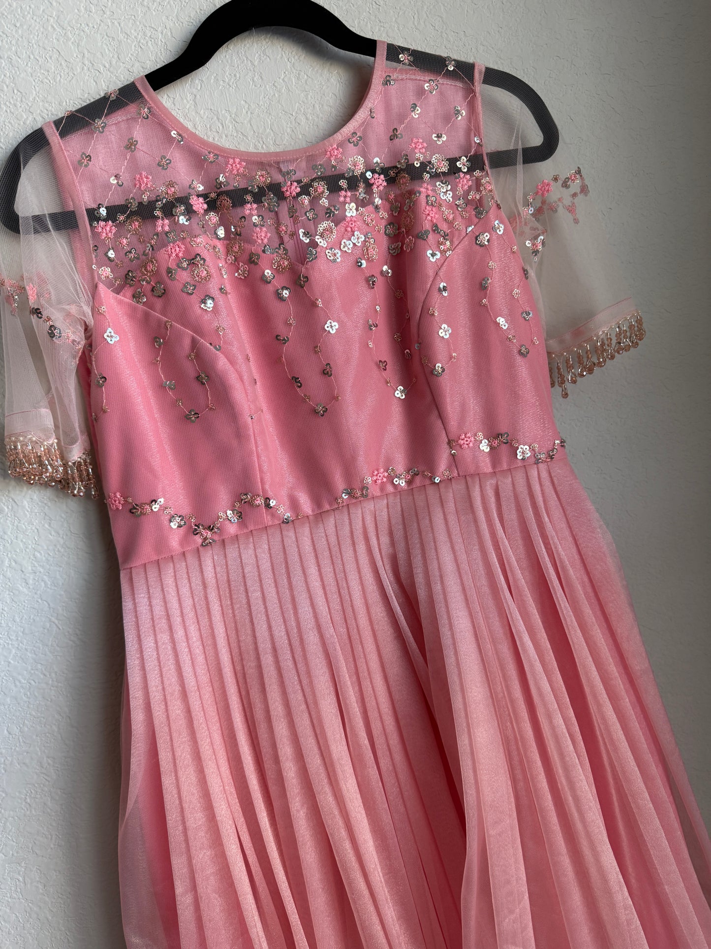 Baby Pink Net Sequin Long Anarkali Dress with beautiful yolk pattern