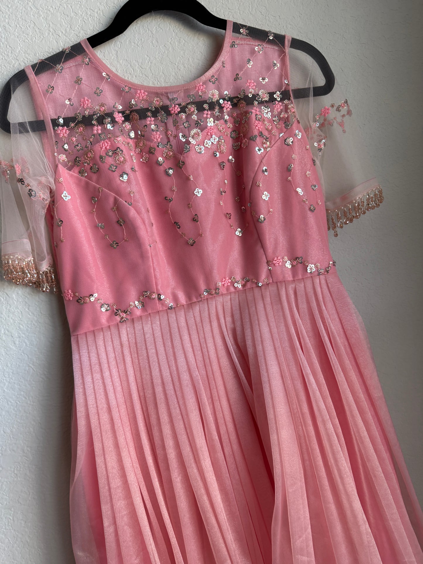 Baby Pink Net Sequin Long Anarkali Dress with beautiful yolk pattern