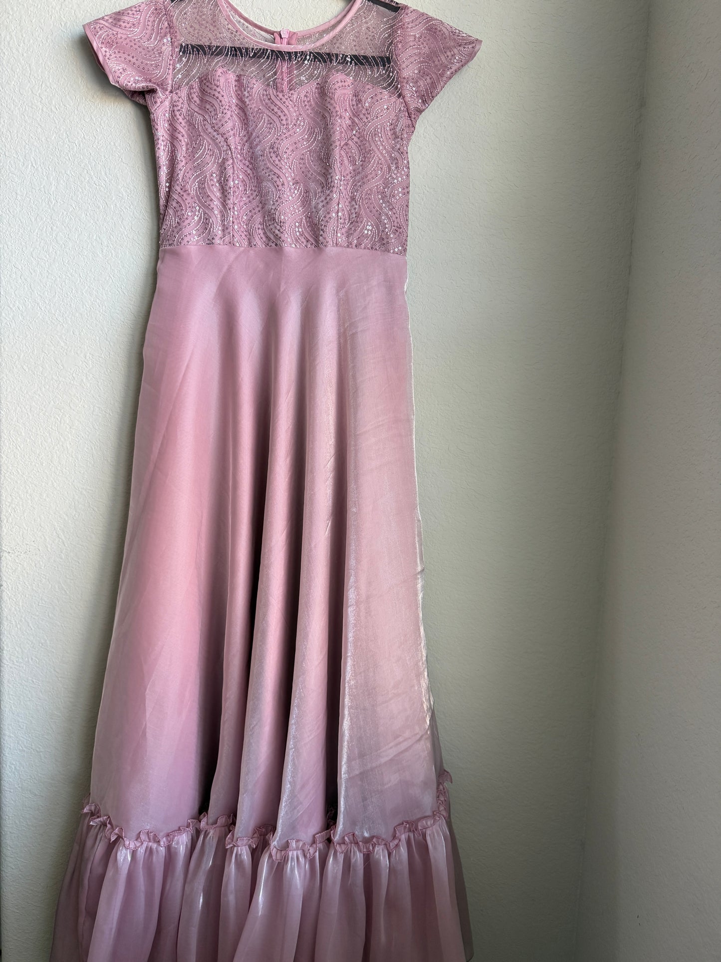 Mauve Pink Long Organza Ruffle Designer Short Sleeve Anarkali Gown