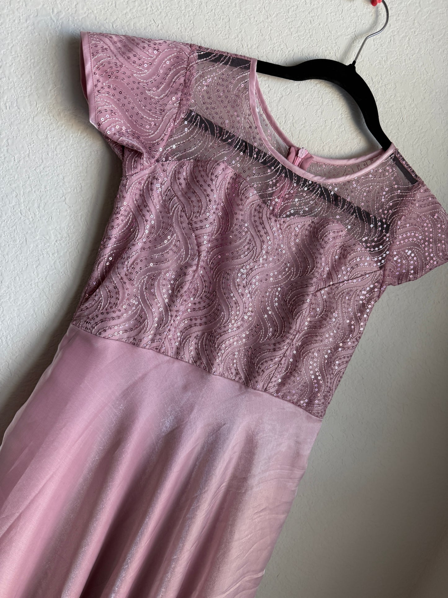 Mauve Pink Long Organza Ruffle Designer Short Sleeve Anarkali Gown