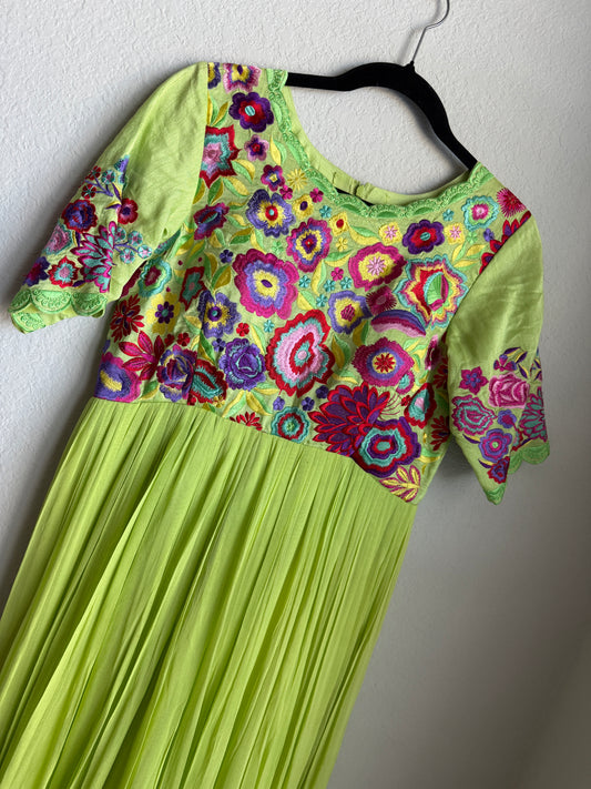 Parrot green heavy embroidered yolk georgette long anarkali dress
