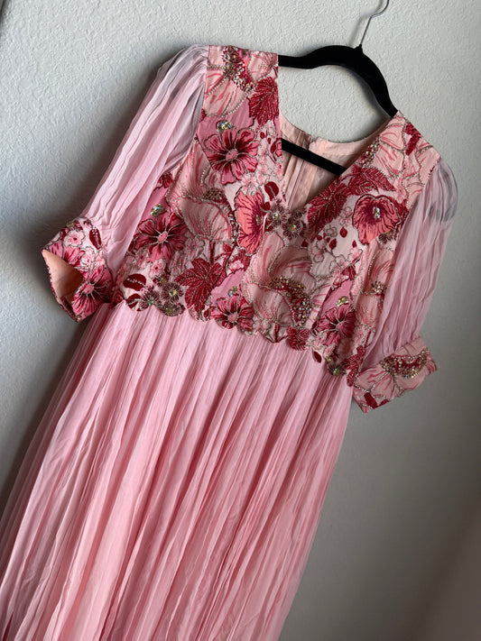 Peach with maroon dual shade long anarkali pleated dress