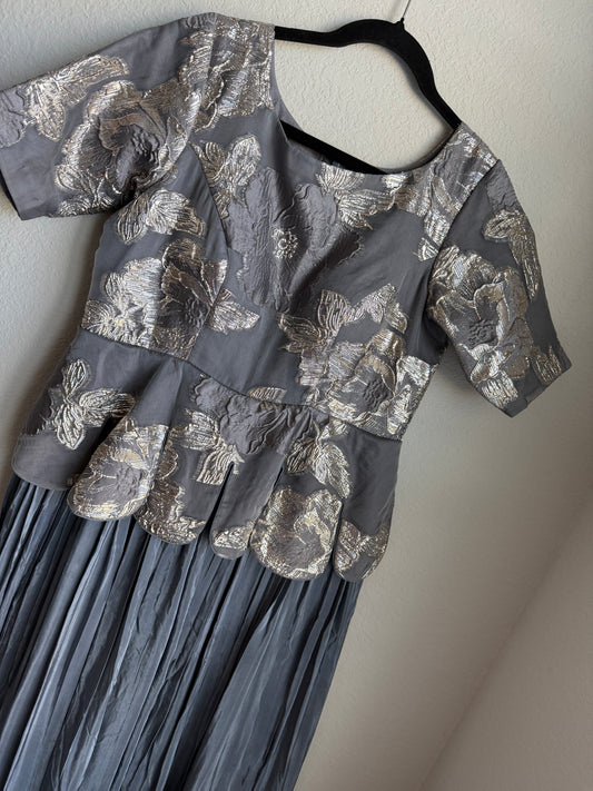 Gray Elegant Peplum Style Long Anarkali Dress with Silver Floral Embroidery