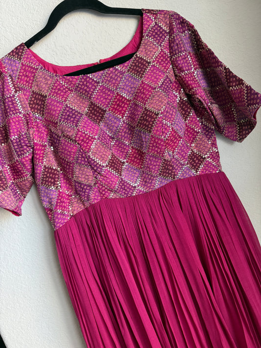 Pink georgette long anarkali dress - designer yolk sequin detailing